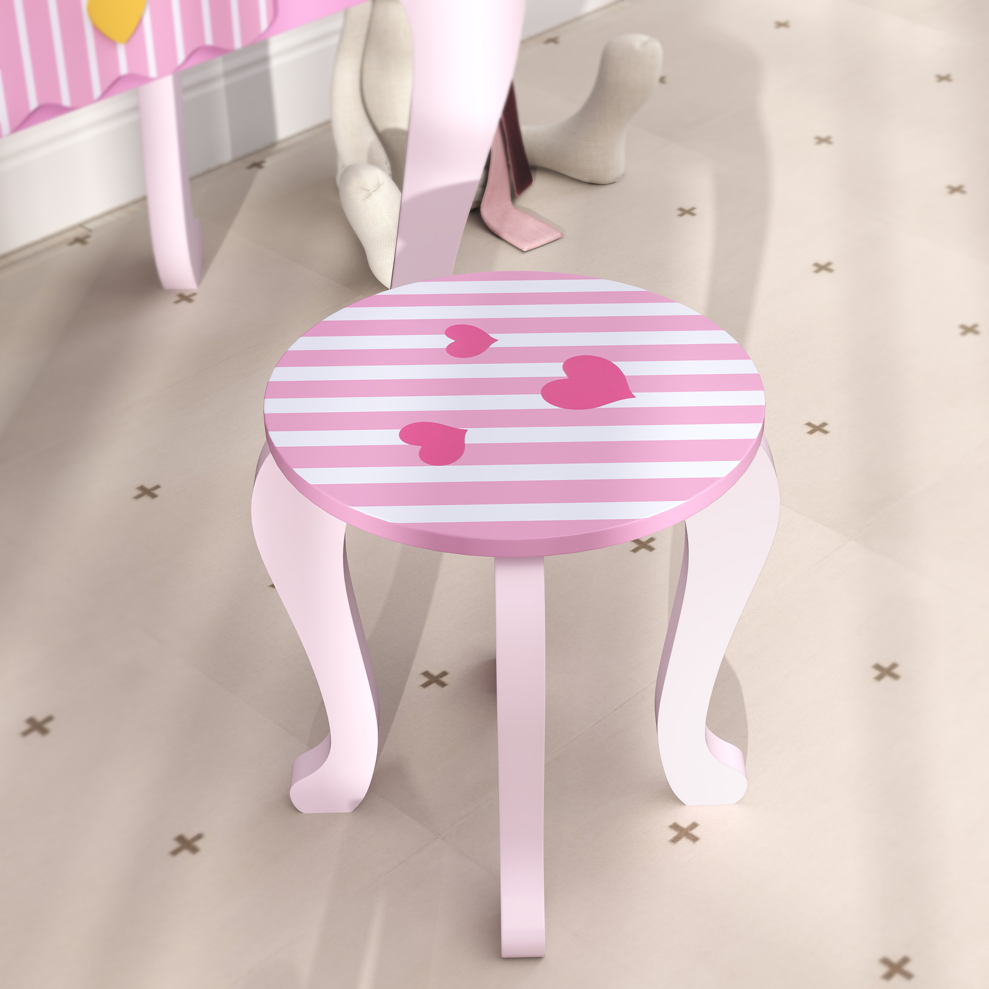 AIYAPLAY Kids Dressing Table Set, Vanity Table with Stool, Mirror, Drawer, Desktop Storage, Heart Theme, Pink 8