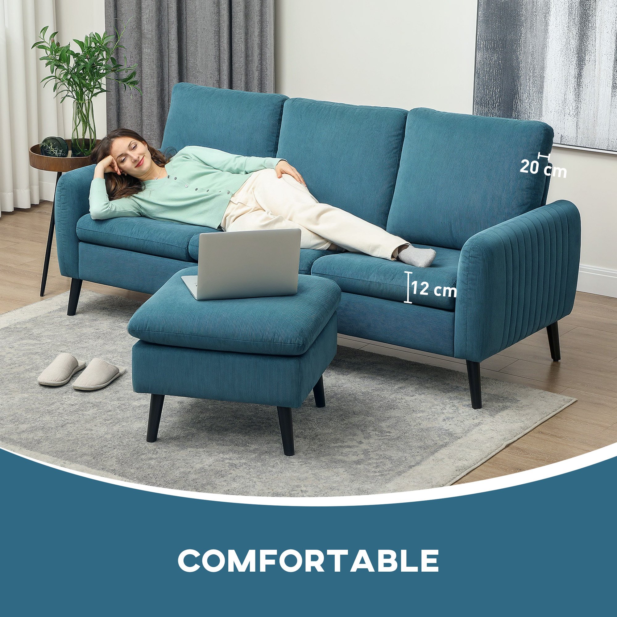HOMCOM 3 Seater Sofa with Ottoman, 196cm Corduroy L-shaped Sofa Couch with Scatter Back, Reversible Chaise Lounge for Living Room, Home Office, Small Spaces, Blue 7