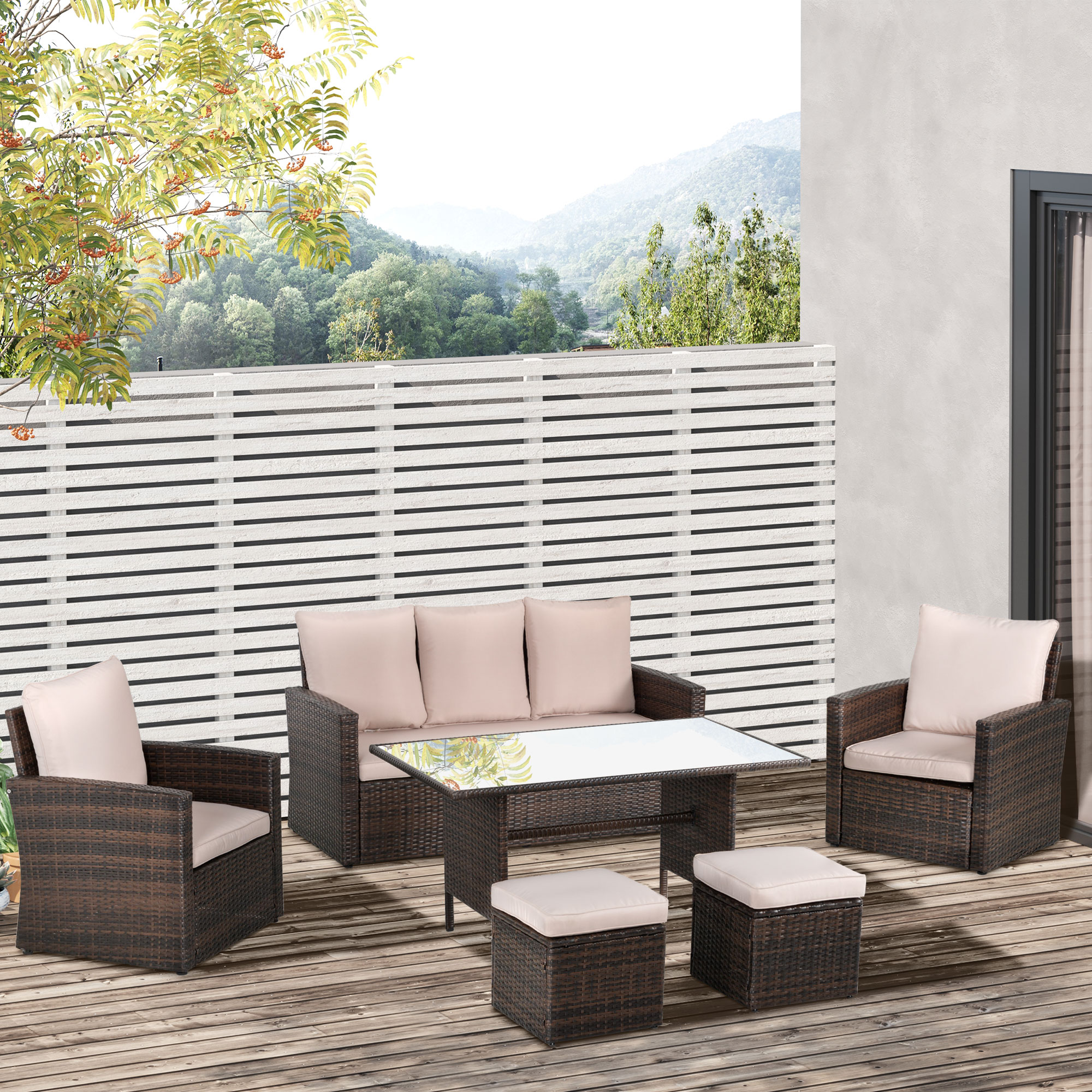 Outsunny Six-Piece Rattan Sofa Set, with Glass-Top Table Mixed Brown 2