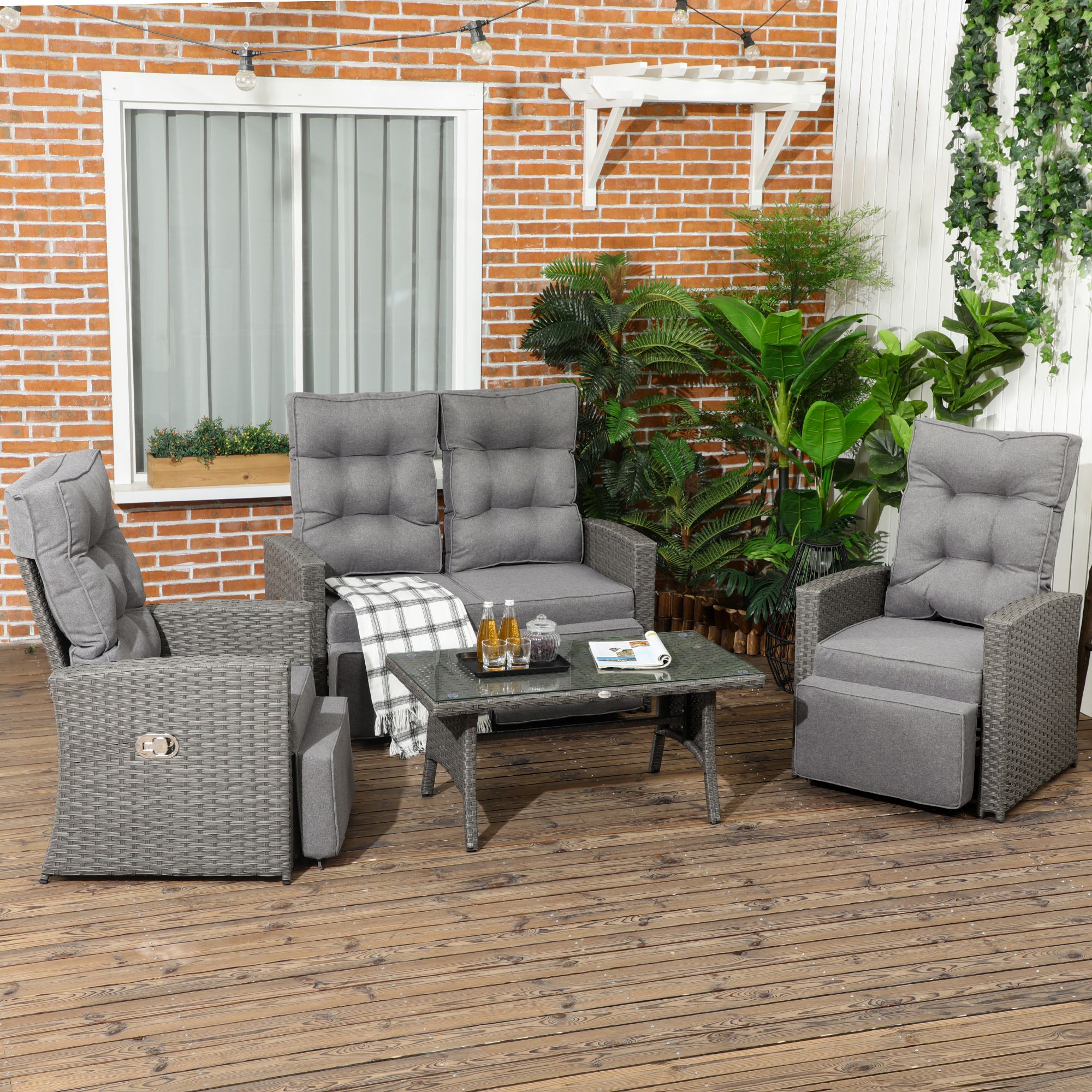 Outsunny 4 Piece Rattan Garden Furniture Set Outdoor Sofa Sectional Set with Glass Top Table for Poolside, Grey 2