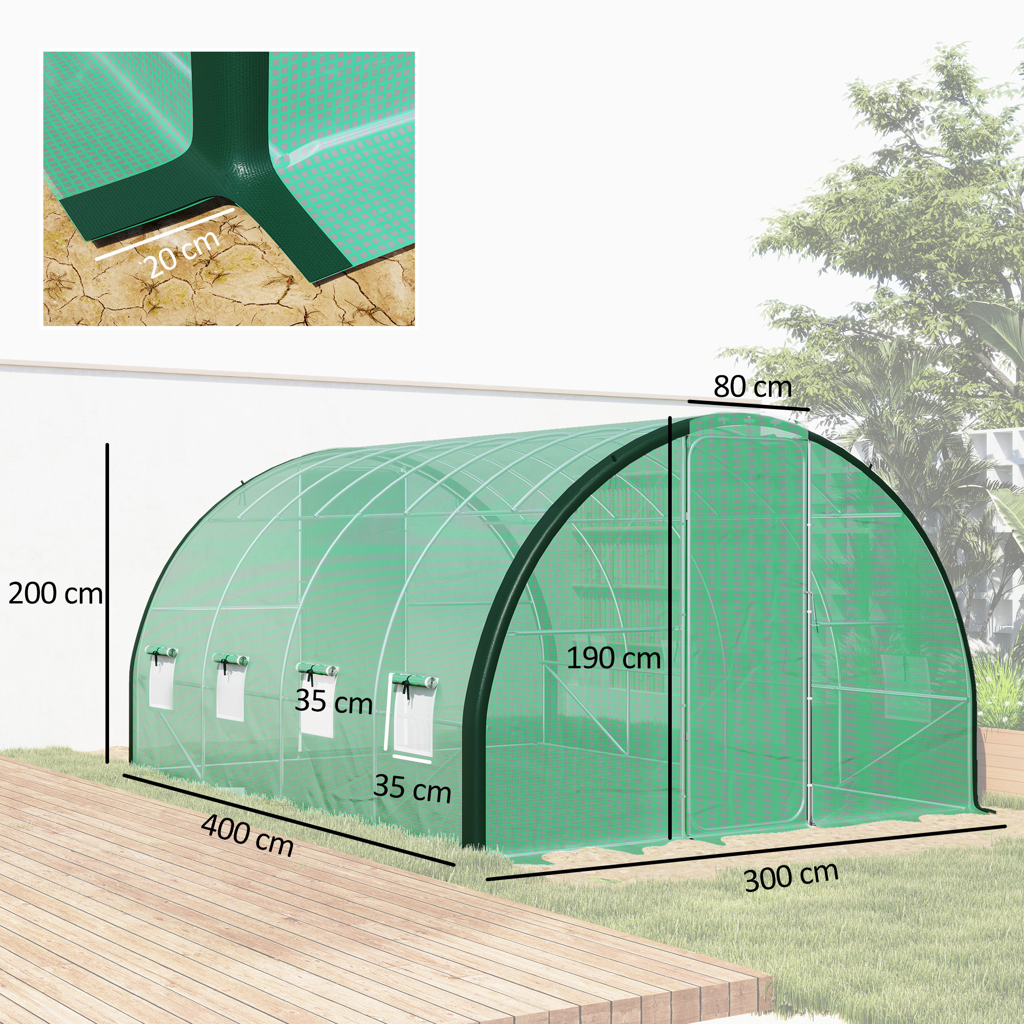 Outsunny 4 x 3(m) Polytunnel Greenhouse, with Windows and Doors Green 3