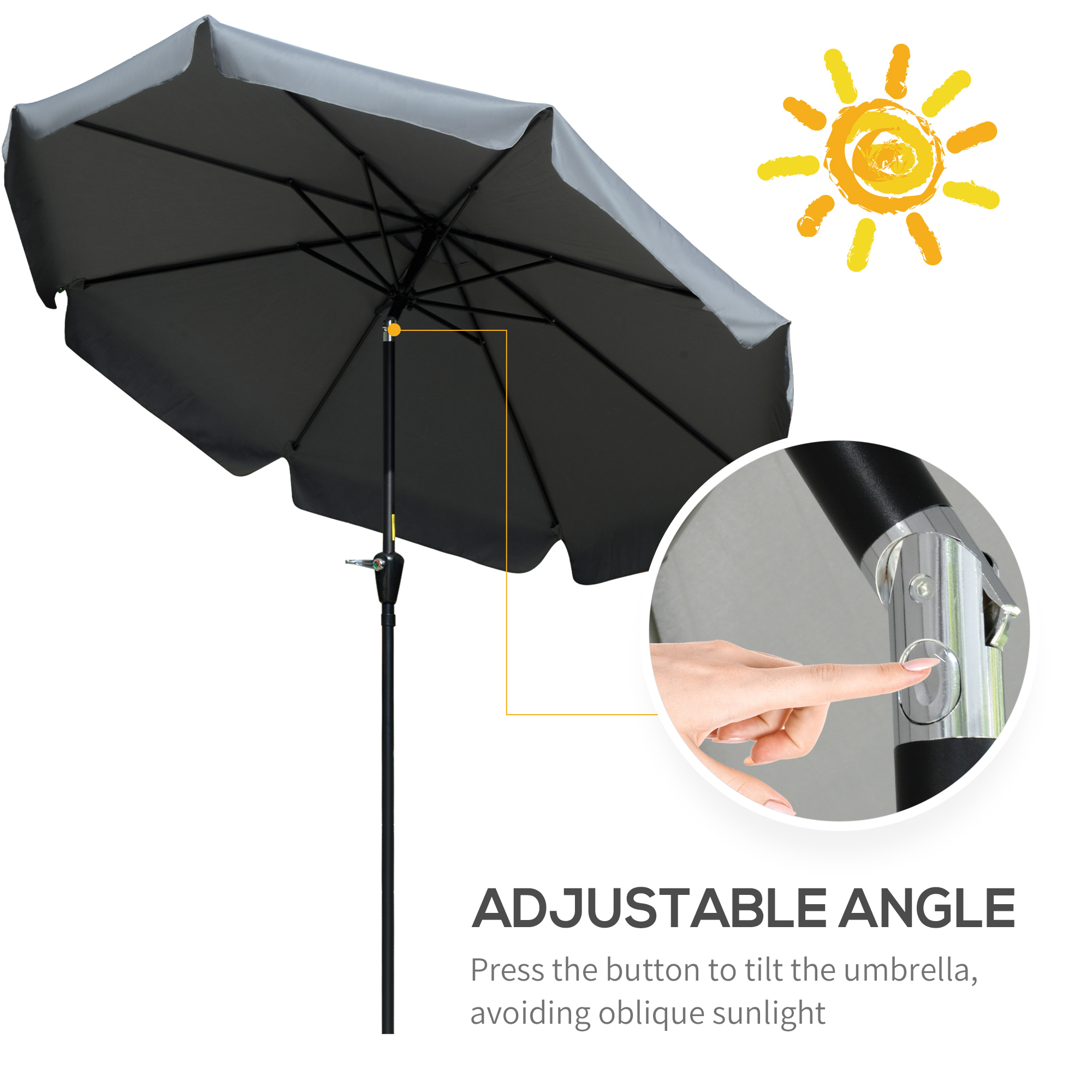 Outsunny 2.7m Patio Parasol Garden Umbrellas Outdoor Sun Shade Table Umbrella with Tilt, Crank, 8 Ribs, Ruffles, Grey 4