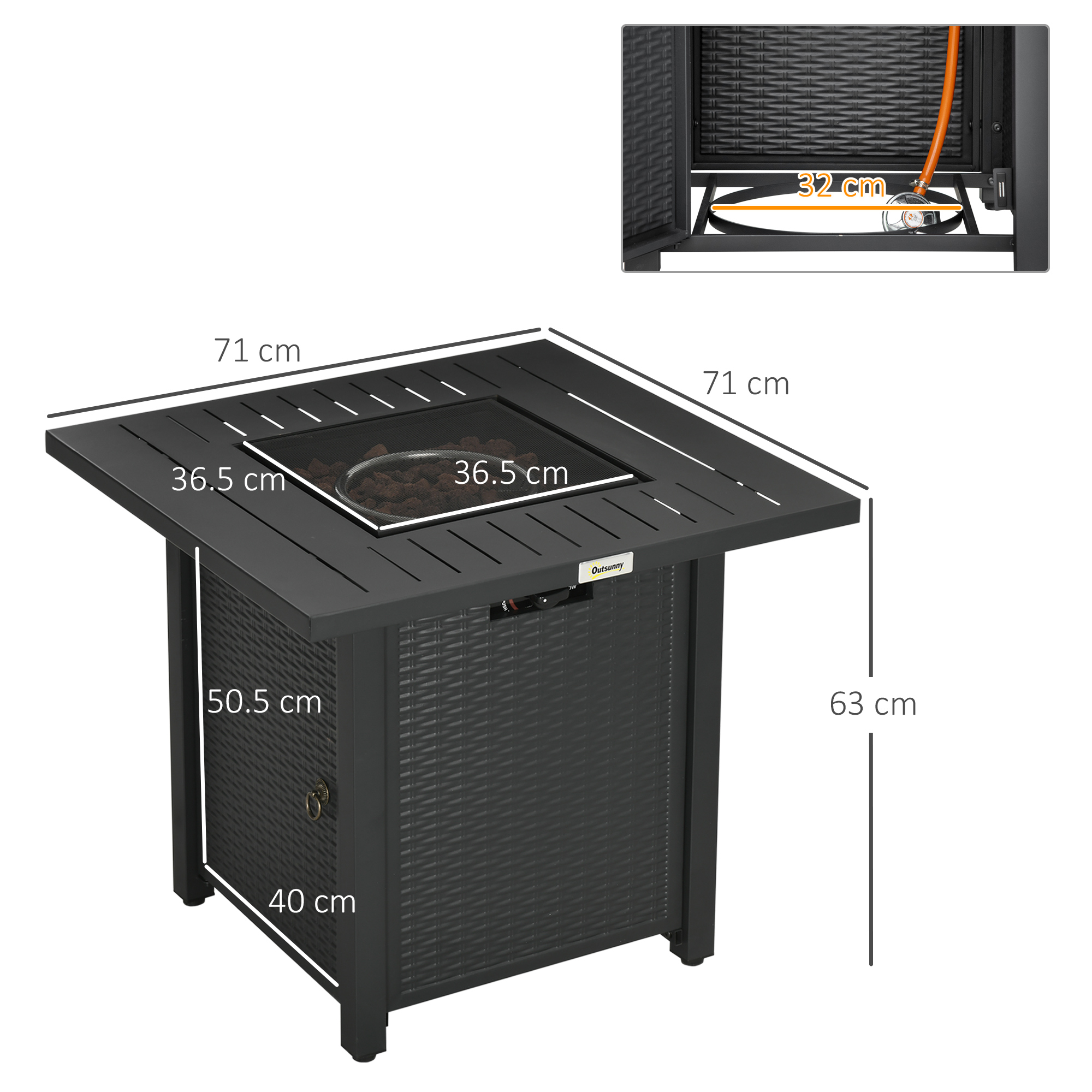 Outsunny Rattan-style Propane Gas Fire Pit Table with 40,000 BTU Burner, Square Smokeless Firepit Patio Heater with Thermocouple, Lava Rocks, Waterproof Cover, Spark Guard and Lid, Black 3