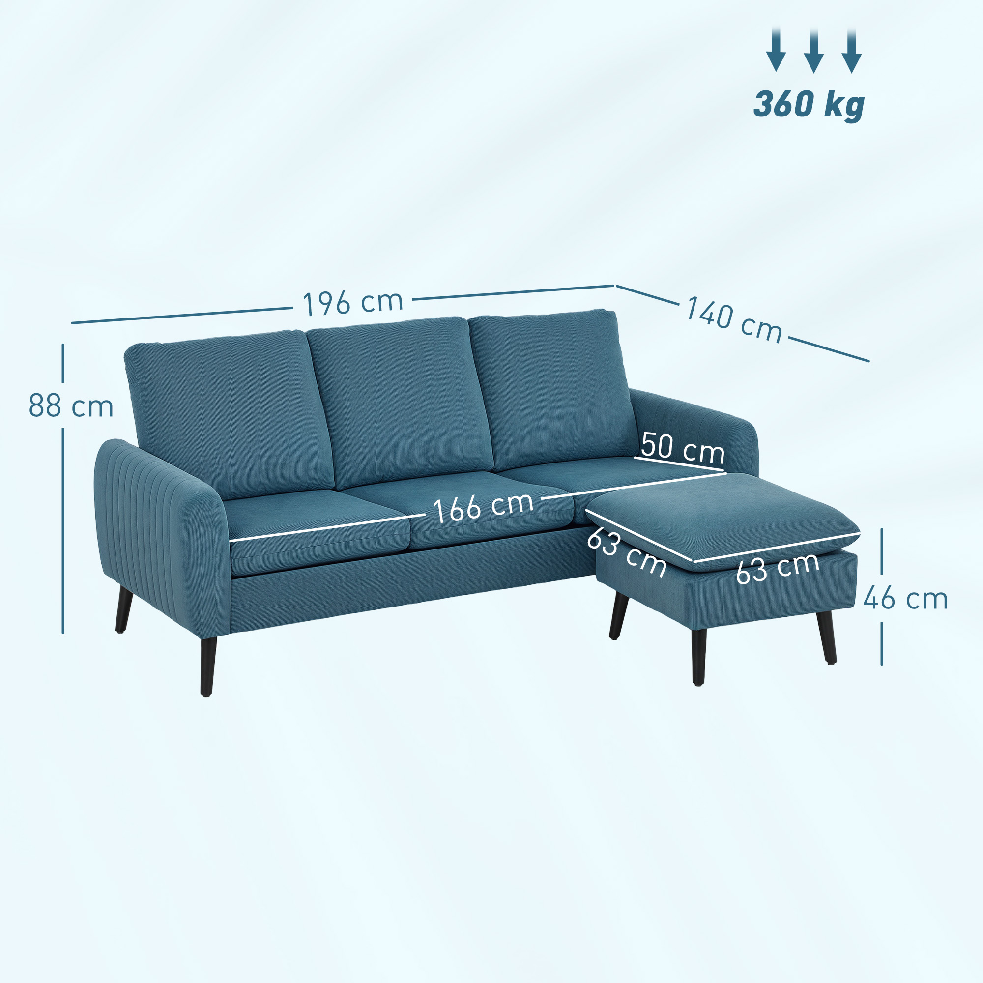 HOMCOM 3 Seater Sofa with Ottoman, 196cm Corduroy L-shaped Sofa Couch with Scatter Back, Reversible Chaise Lounge for Living Room, Home Office, Small Spaces, Blue 3