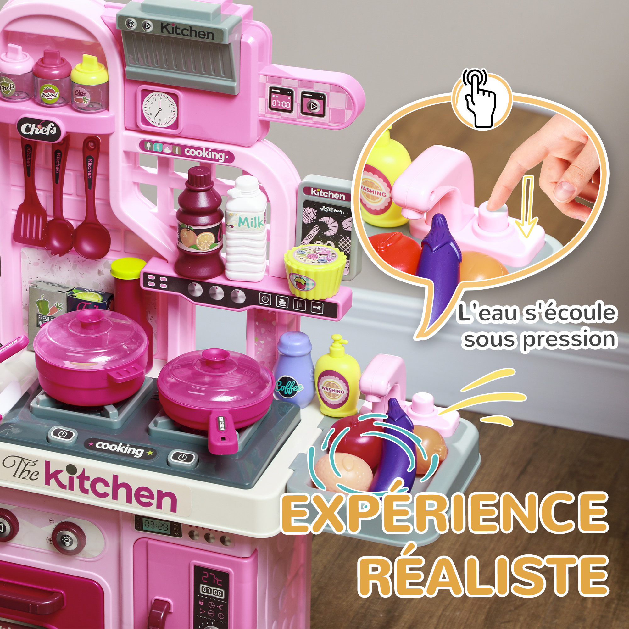 AIYAPLAY Cuisine Enfant Jouet d'imitation pour Enfant - dinette Enfant de 3-6 Ans avec cuisinière, Robinet d'évier, Four, Accessoires de Cuisine, Gris