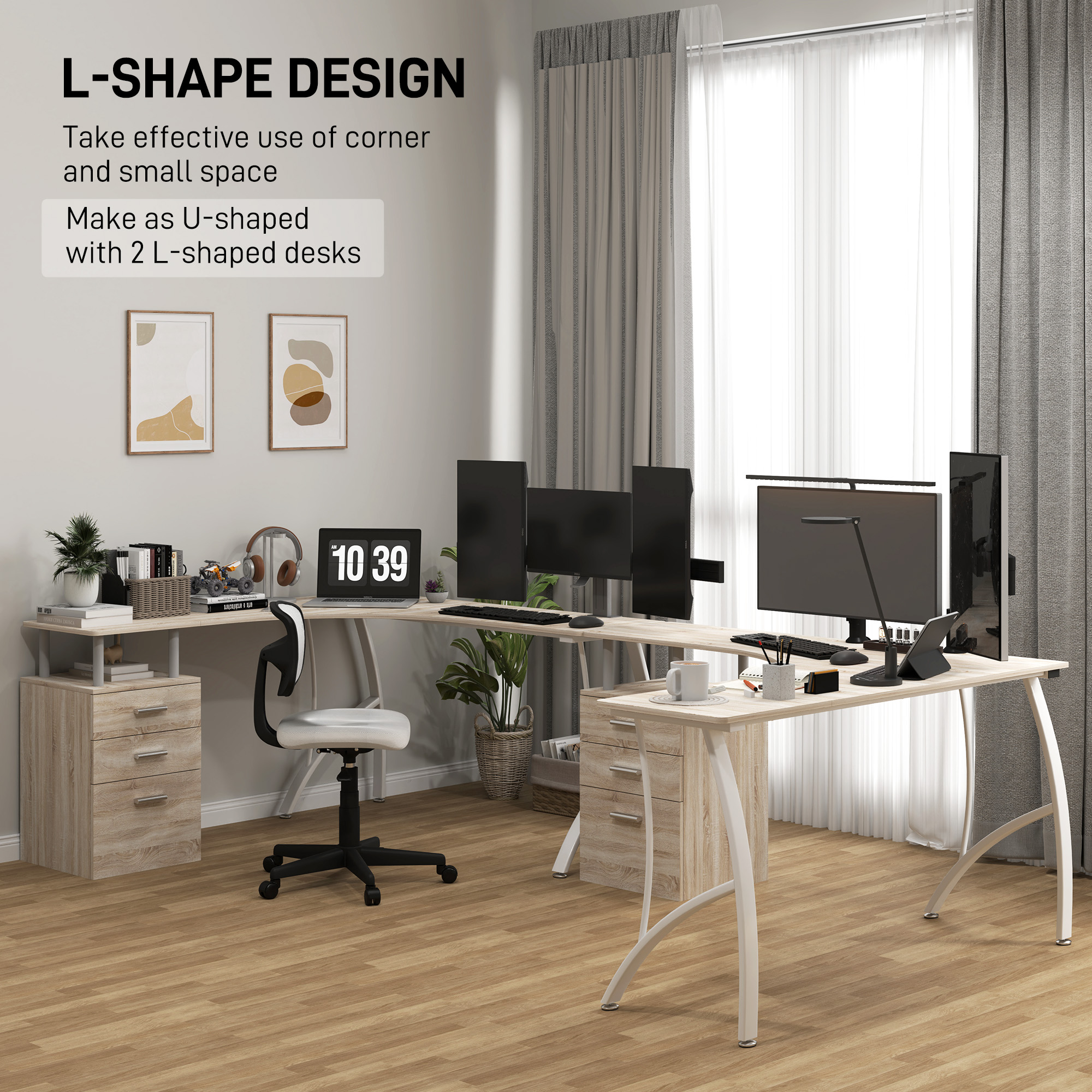 HOMCOM L-Shaped Computer Desk Table with Storage Drawer, Home Office Desk Corner Industrial Style Workstation for A4 Files 143.5 x 143.5 x 76cm, Oak 5