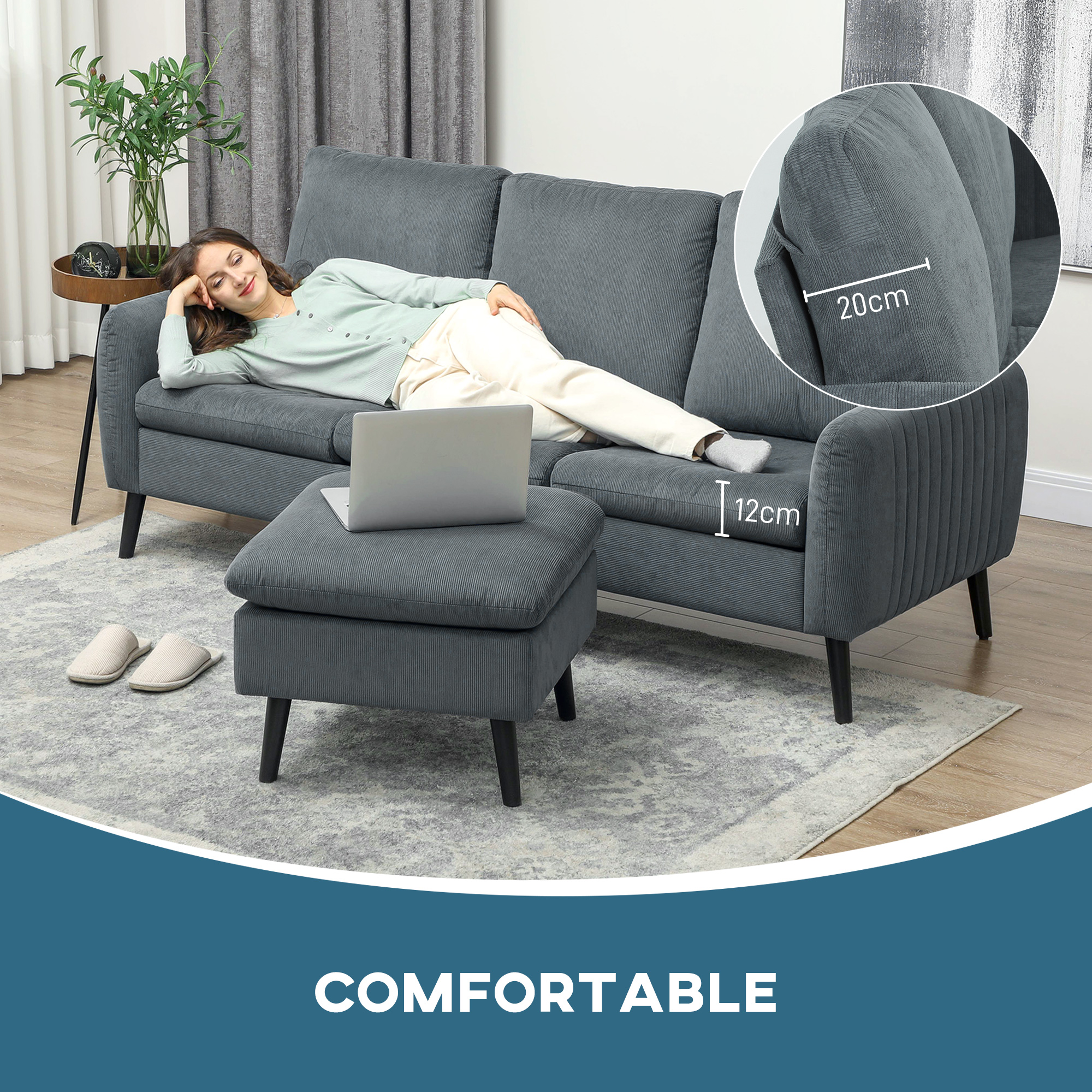 HOMCOM 3 Seater Sofa with Ottoman, 196cm Corduroy L-shaped Sofa Couch with Scatter Back, Reversible Chaise Lounge for Living Room, Home Office, Small Spaces, Charcoal Grey 7