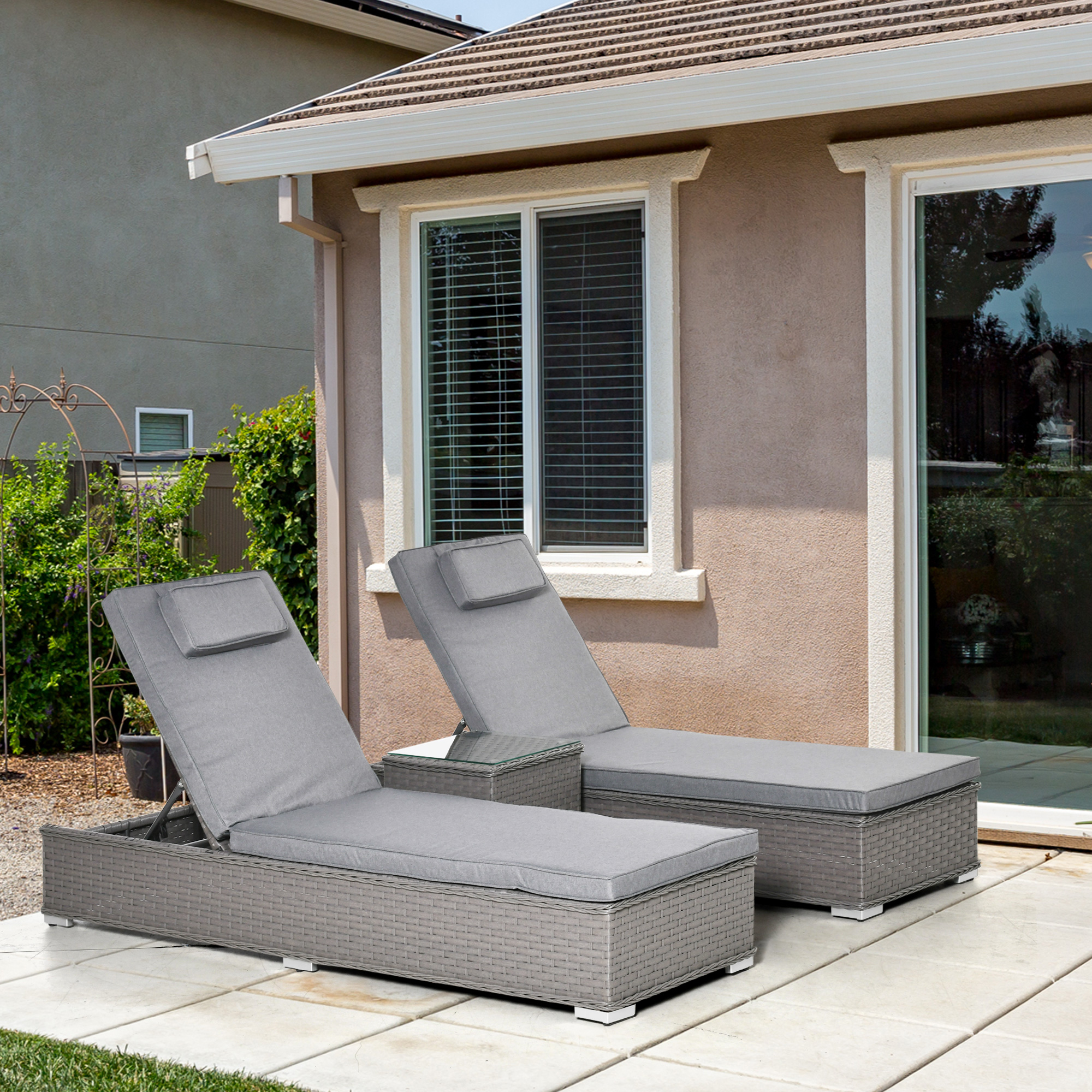 Outsunny 3 Pieces Rattan Sun Lounger Set with Aluminium Frame, 5-Position Adjustable Reclining Garden Chairs and Glass Top Table, Wicker Garden Furniture Daybed with Cushions for Patio, Grey 2