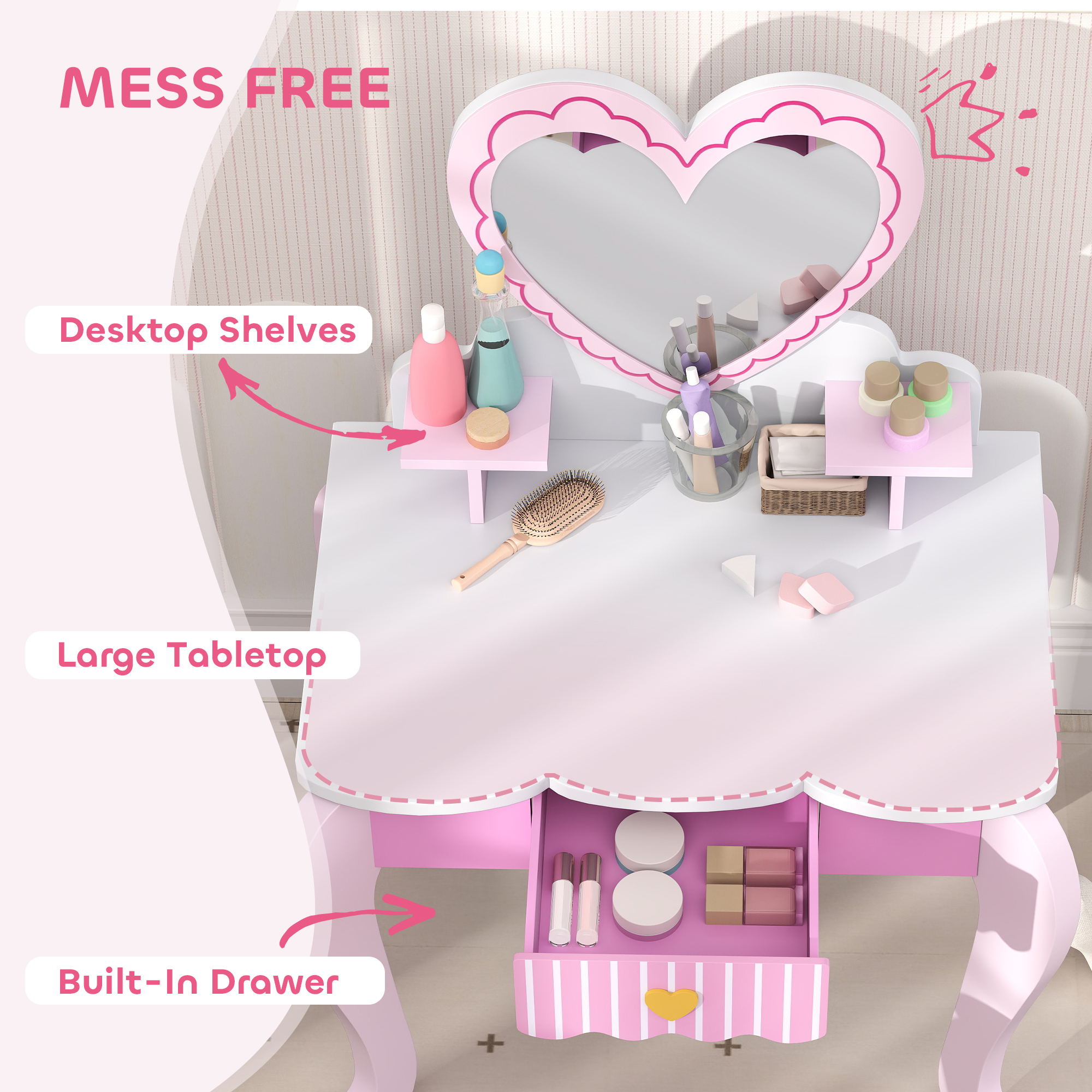 AIYAPLAY Kids Dressing Table Set, Vanity Table with Stool, Mirror, Drawer, Desktop Storage, Heart Theme, Pink 5