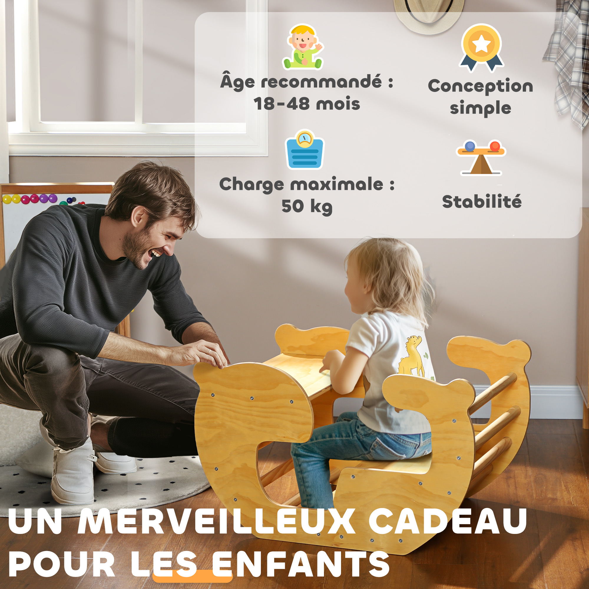 Arche d'escalade pour enfants - AIYAPLAY - pour enfants 18-48 mois - design 2 en 1 - surface lisse - charge 50 kg - bois naturel - Jeux - Jouets