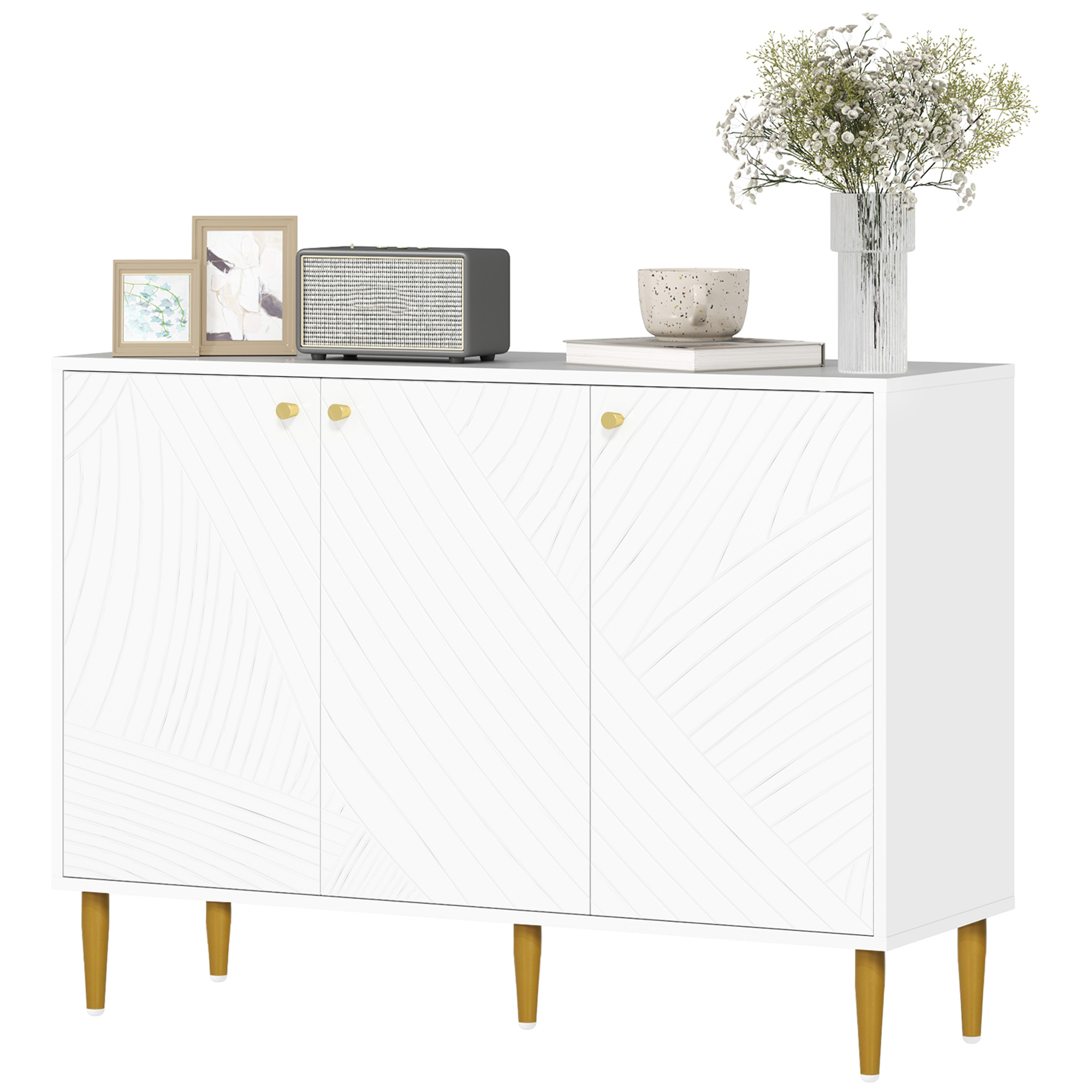 HOMCOM Buffet, Aufbewahrungsmöbel, mit 2 Schränken, 3 Türen mit Linienformen, verstellbare Regale, goldene Stahlbeine, weiß Aosom