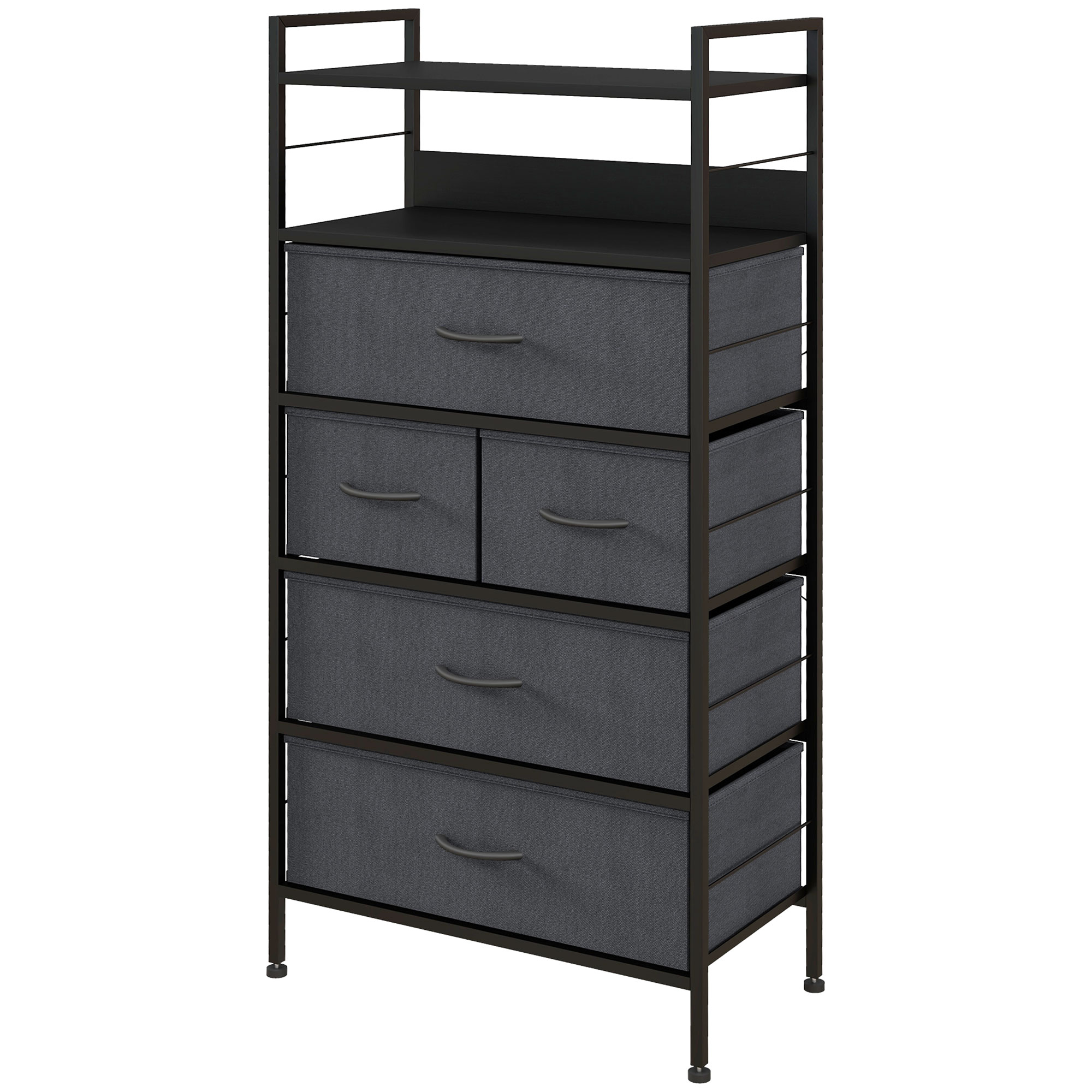 HOMCOM Kommode Schubladenturm Aufbewahrungsmöbel mit 5 herausnehmbaren Stoffschubladen und 2 Regalen Struktur aus Stahl Abmessungen 58L x 30B x 120H cm Schwarz   Aosom – HOMCOM