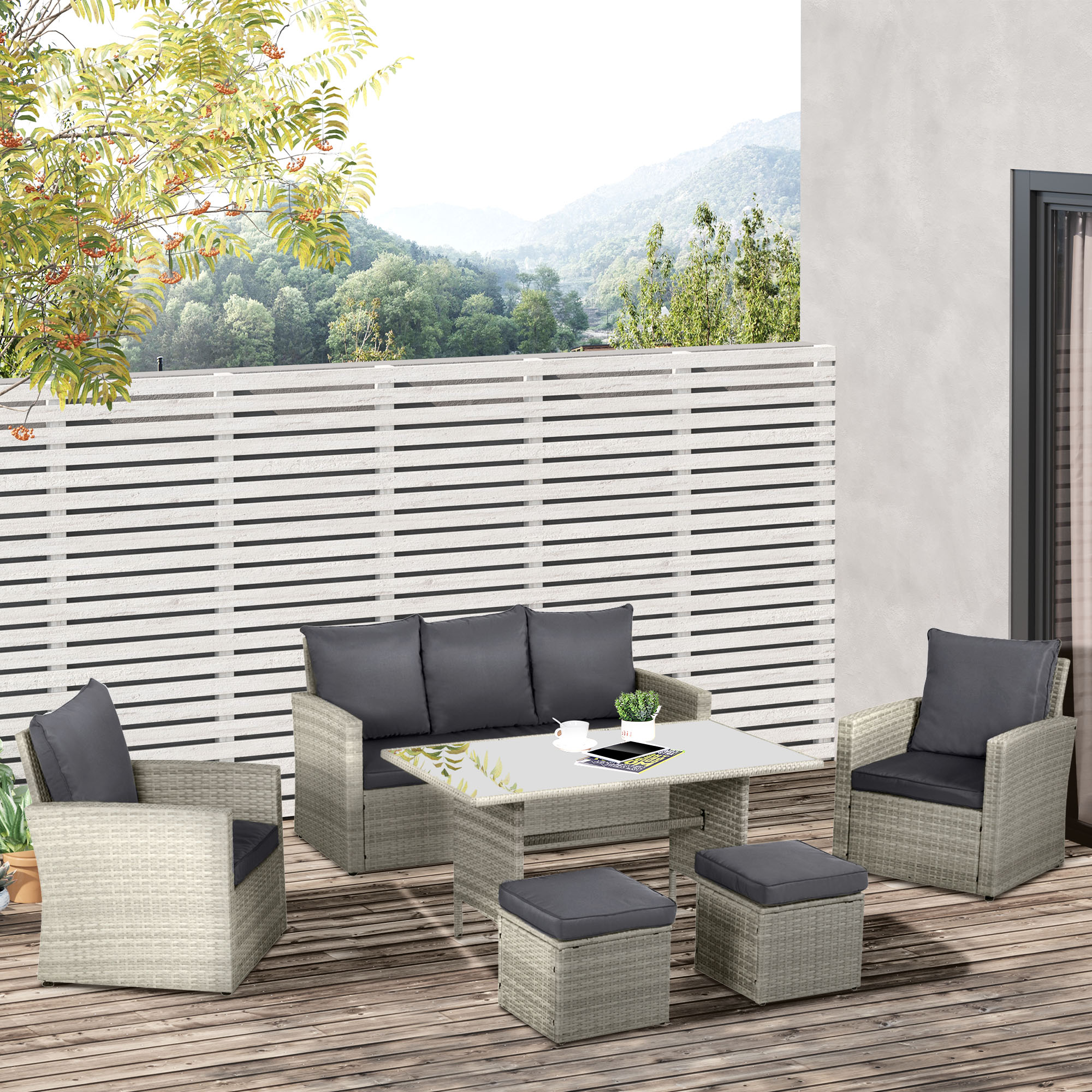 Outsunny Six-Piece Rattan Sofa Set, with Glass-Top Table Mixed Grey 2