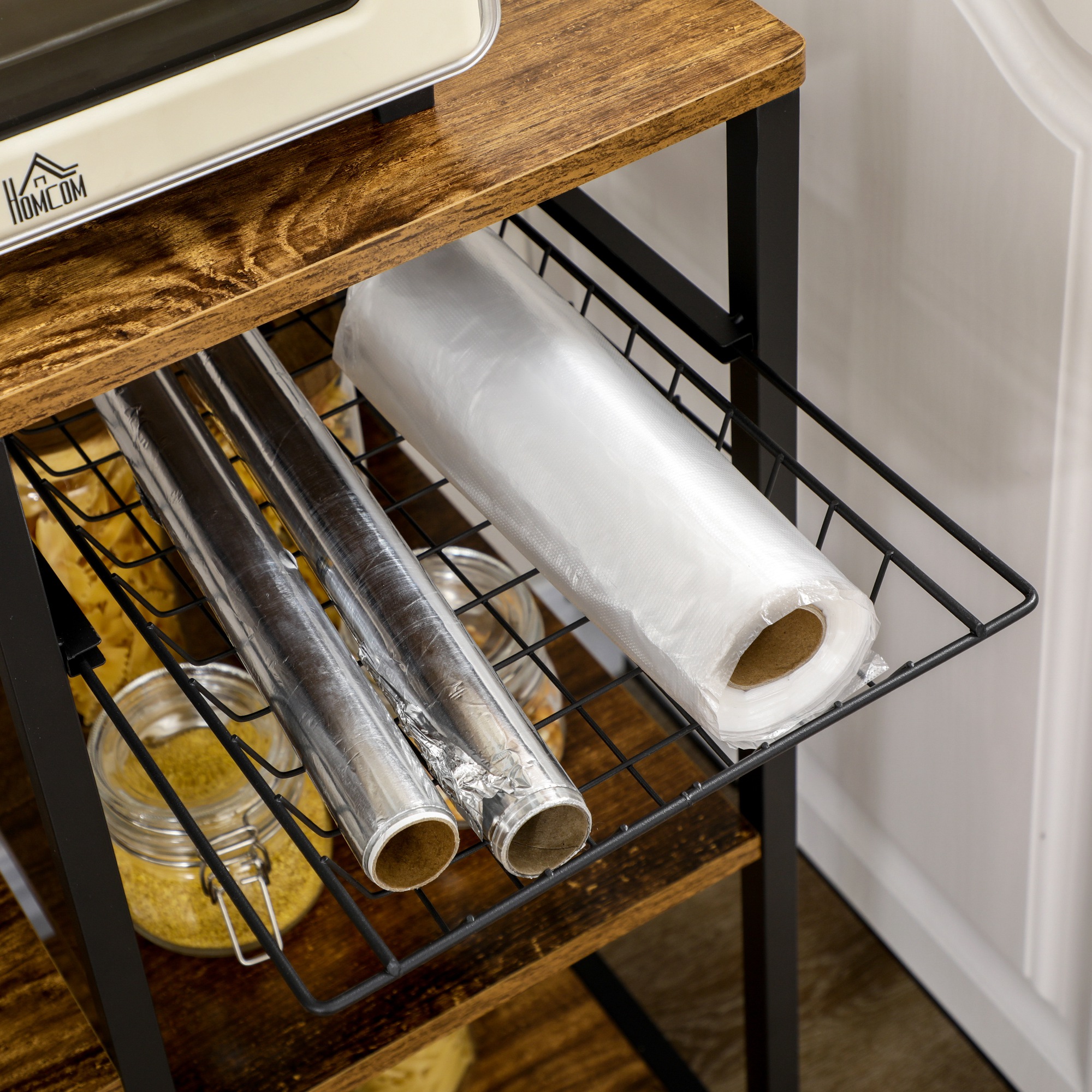 Étagère De Cuisine HOMCOM Support Micro-Ondes - Meuble Rangement Industriel 60x42x153 Cm Avec USB Et Prises, Marron Rustique