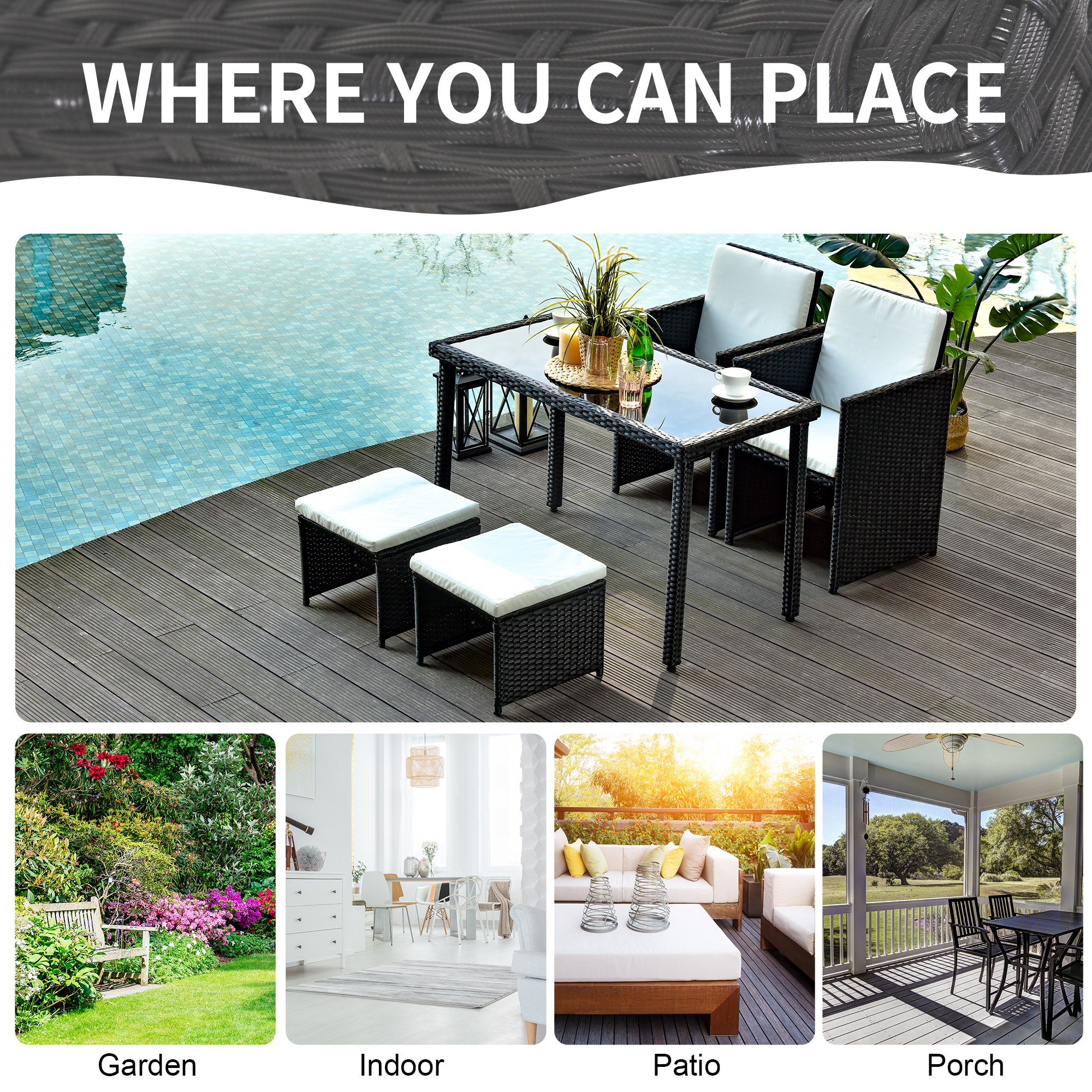 Outsunny 2 Seater Rattan Cube Garden Furniture Set, Rattan Dining Set with Cushions, Outdoor Dining Table and Chairs with 2 Armchairs, 2 Stools, Rectangular Glass Top Table for Patio, Balcony, Black 7
