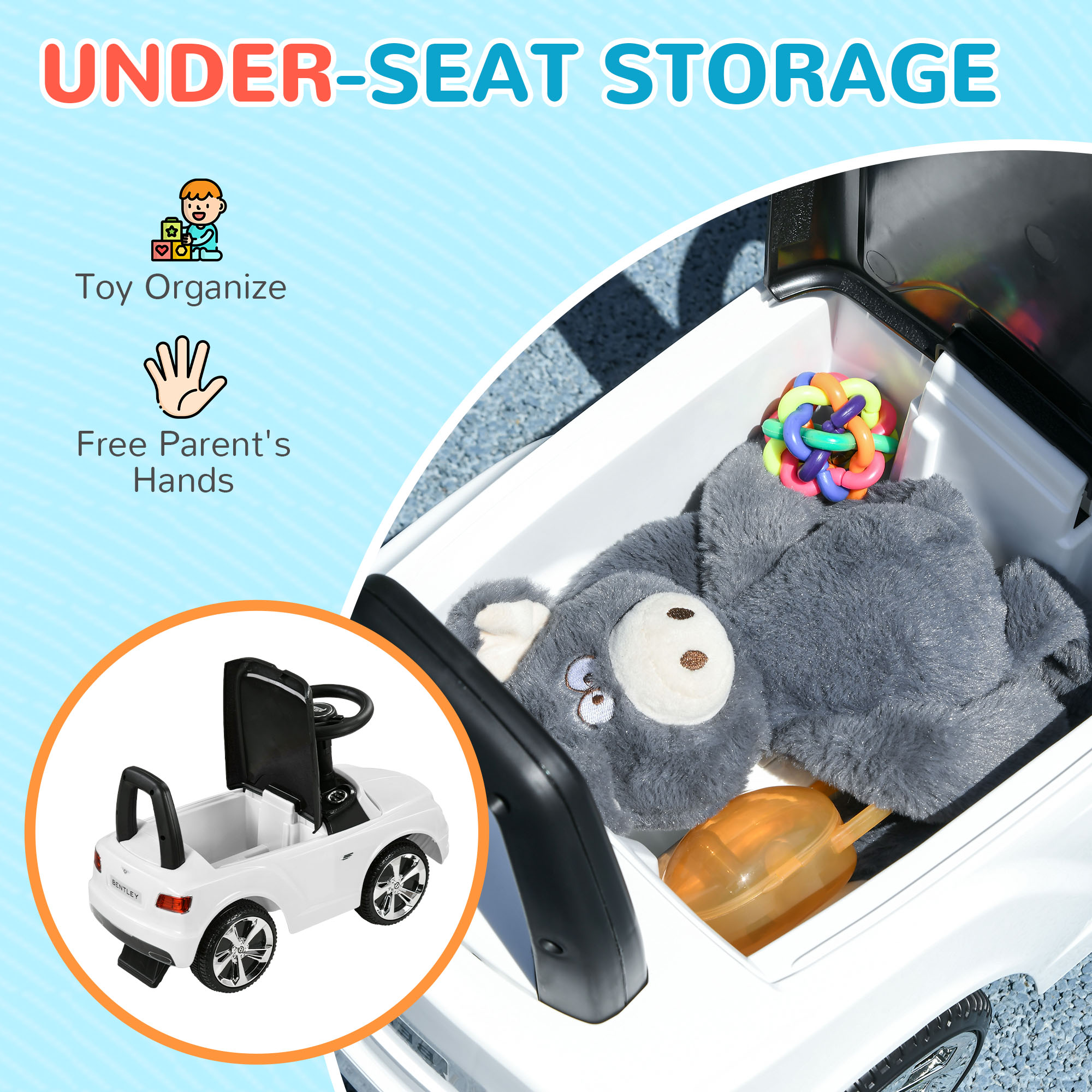 AIYAPLAY Bentley Bentayga Licensed Foot to Floor Ride on Car, Sliding Car Push Along Car w/ Under Seat Storage White 6