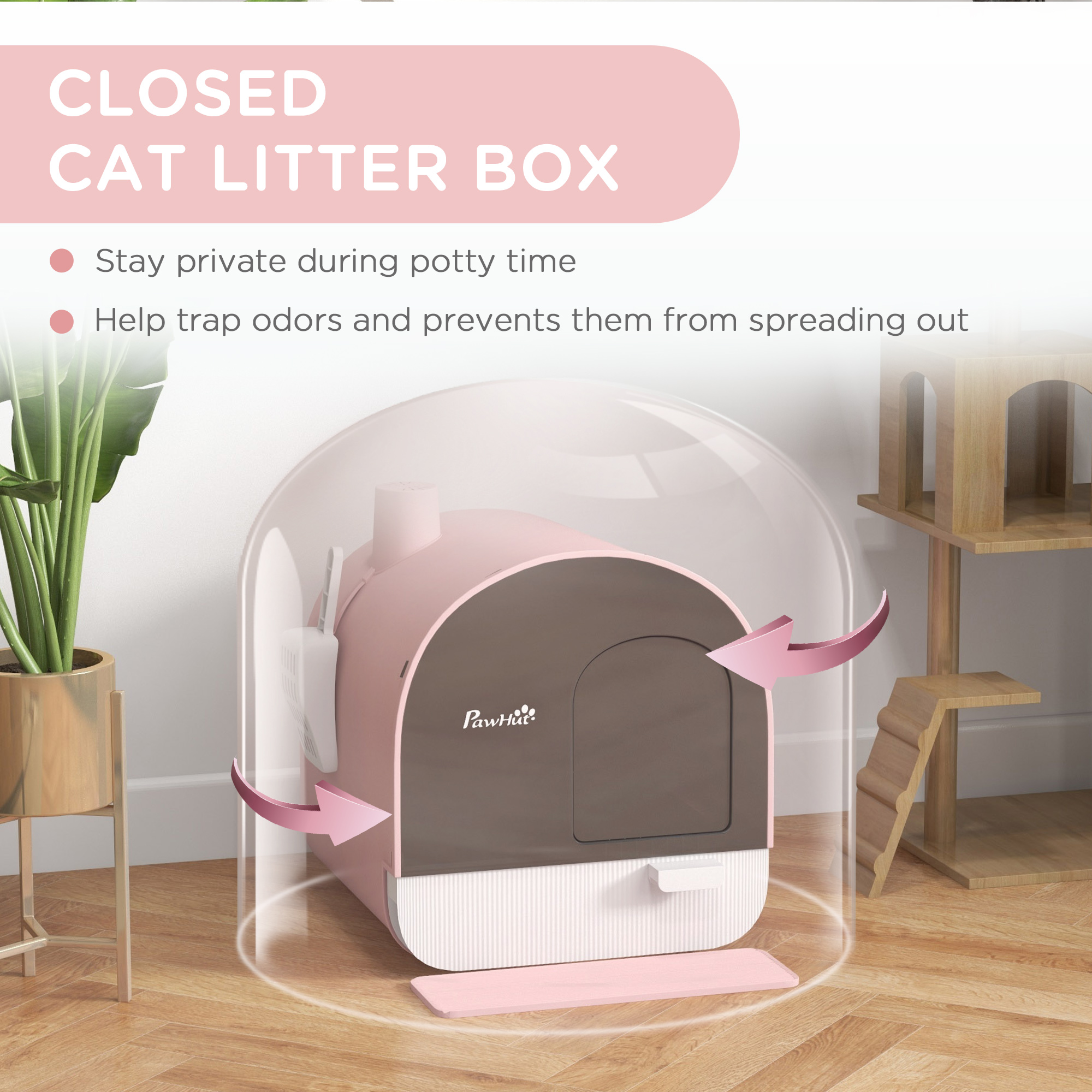 PawHut Hooded Cat Litter Box, Kitten Litter Tray, with Lid, Scoop, Filter, Flap Door, Pink 5