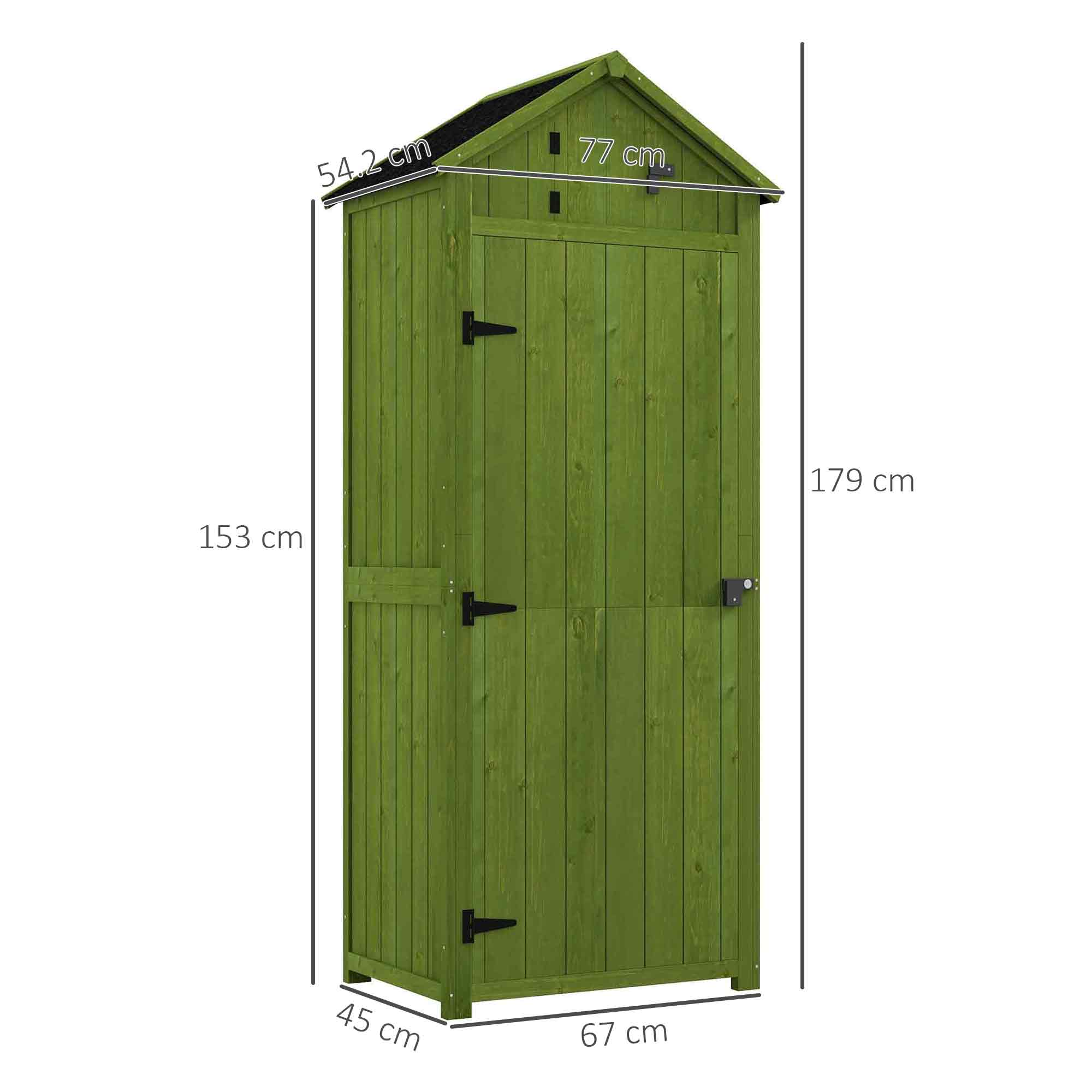 Outsunny Small Shed, Tall Slim Wooden Garden Shed with 3 Removable Shelves and Roof Hatch, Compact Outdoor Tool Storage Cabinet with Asphalt Roof and Door Latch, 77 x 54.2 x 179 cm, Green 3