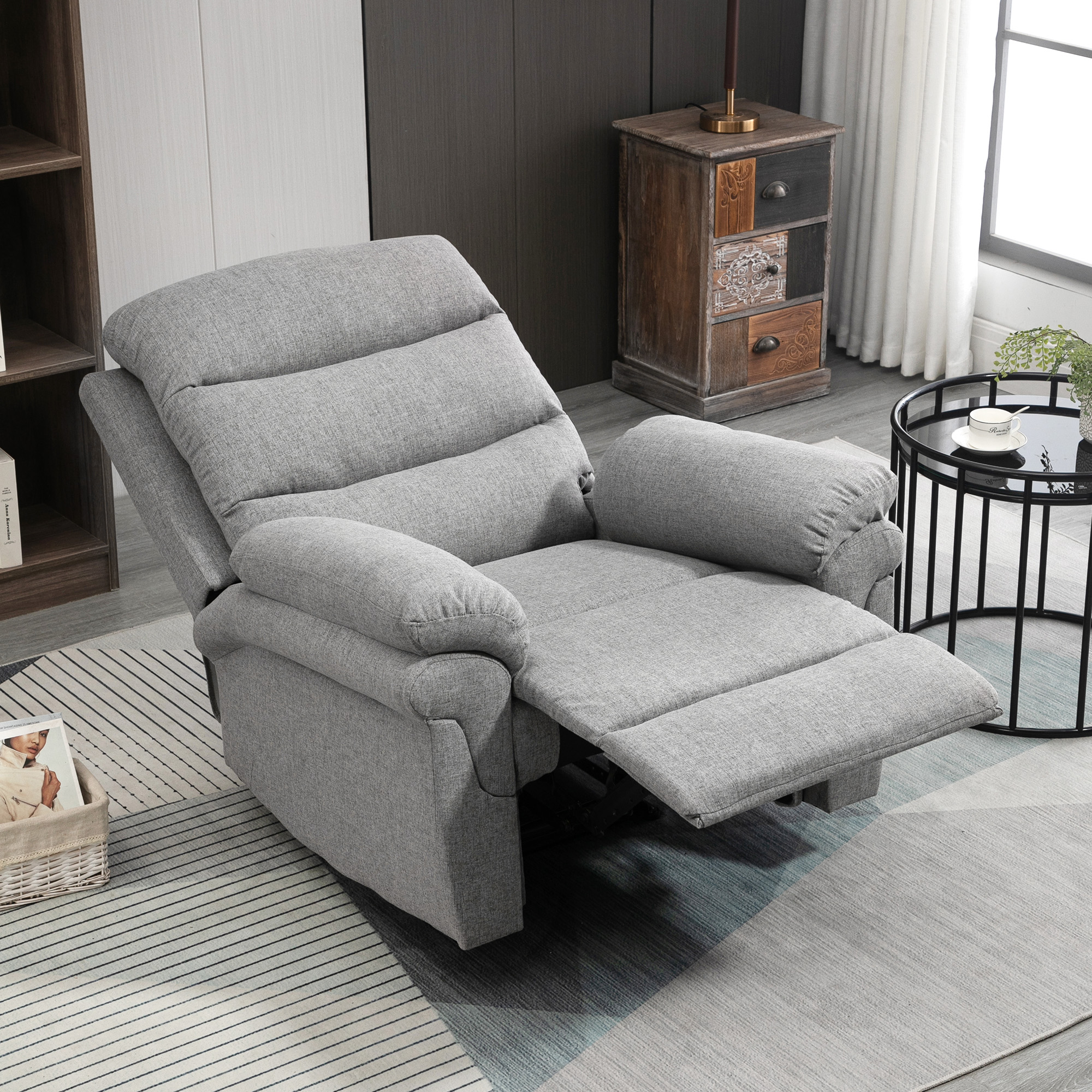 Fauteuil Relax Manuel Avec Repose-pieds HOMCOM - Inclinaison 115°, 4 Roulettes Dont 2 Freinées, Tissu Effet Lin, Capacité 150 Kg, Gris - 7