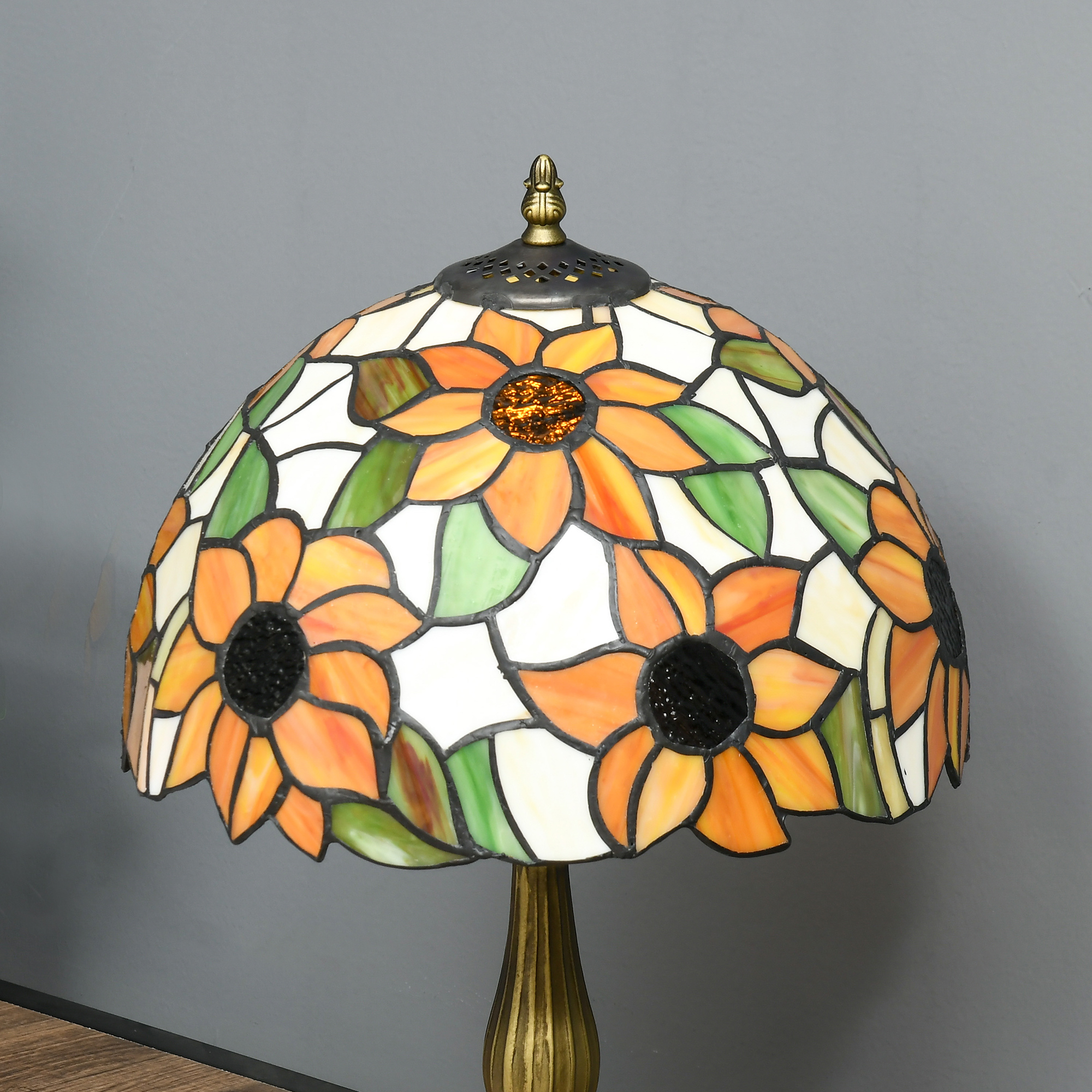 HOMCOM Stained Glass Table Lamp, Handmade Antique Bedside Lamp for Bedroom, Living room, Home, Nightstand, Decorative Night Light, Orange Sunflower 6