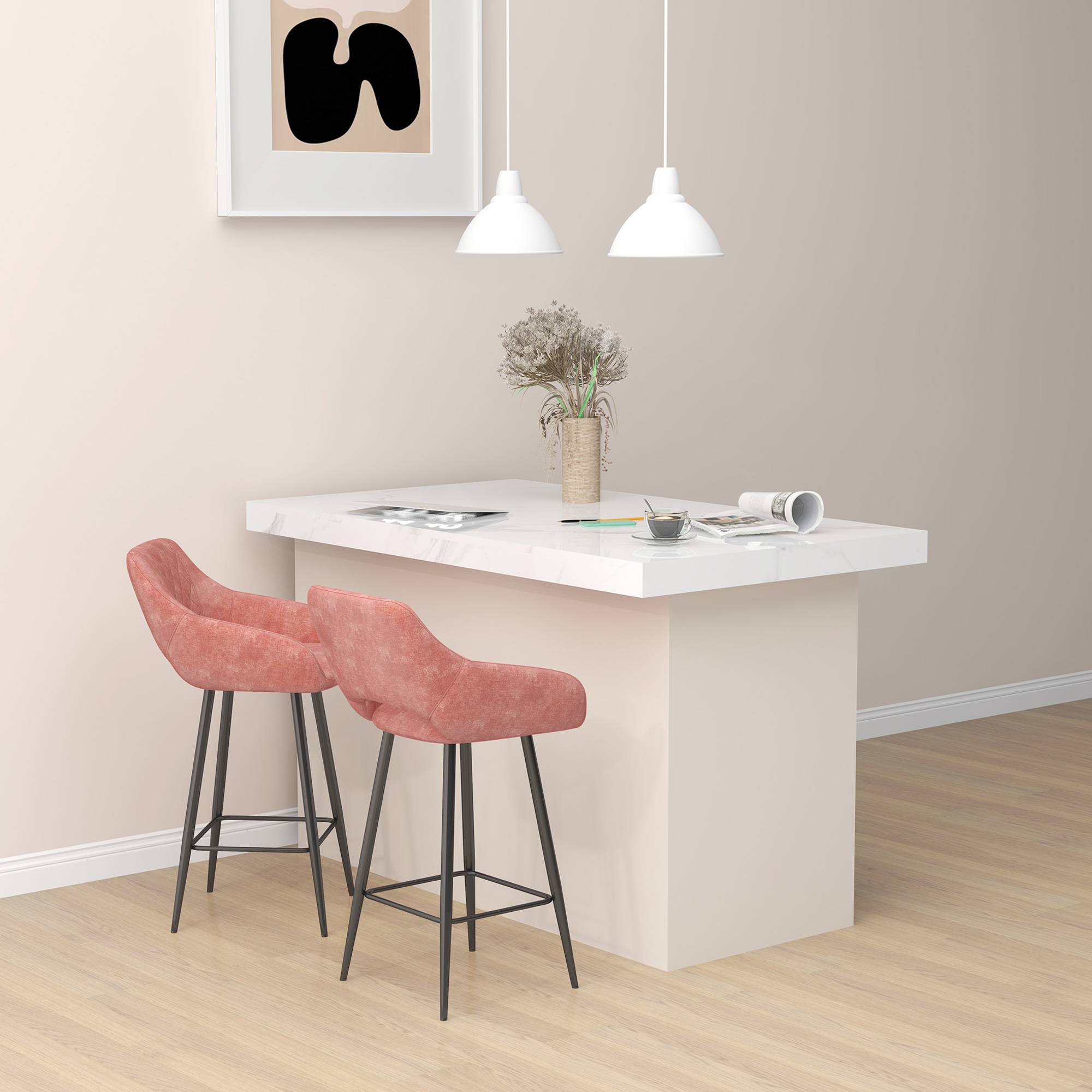 HOMCOM Set of Two Velvet-Feel Bar Stools Pink 4