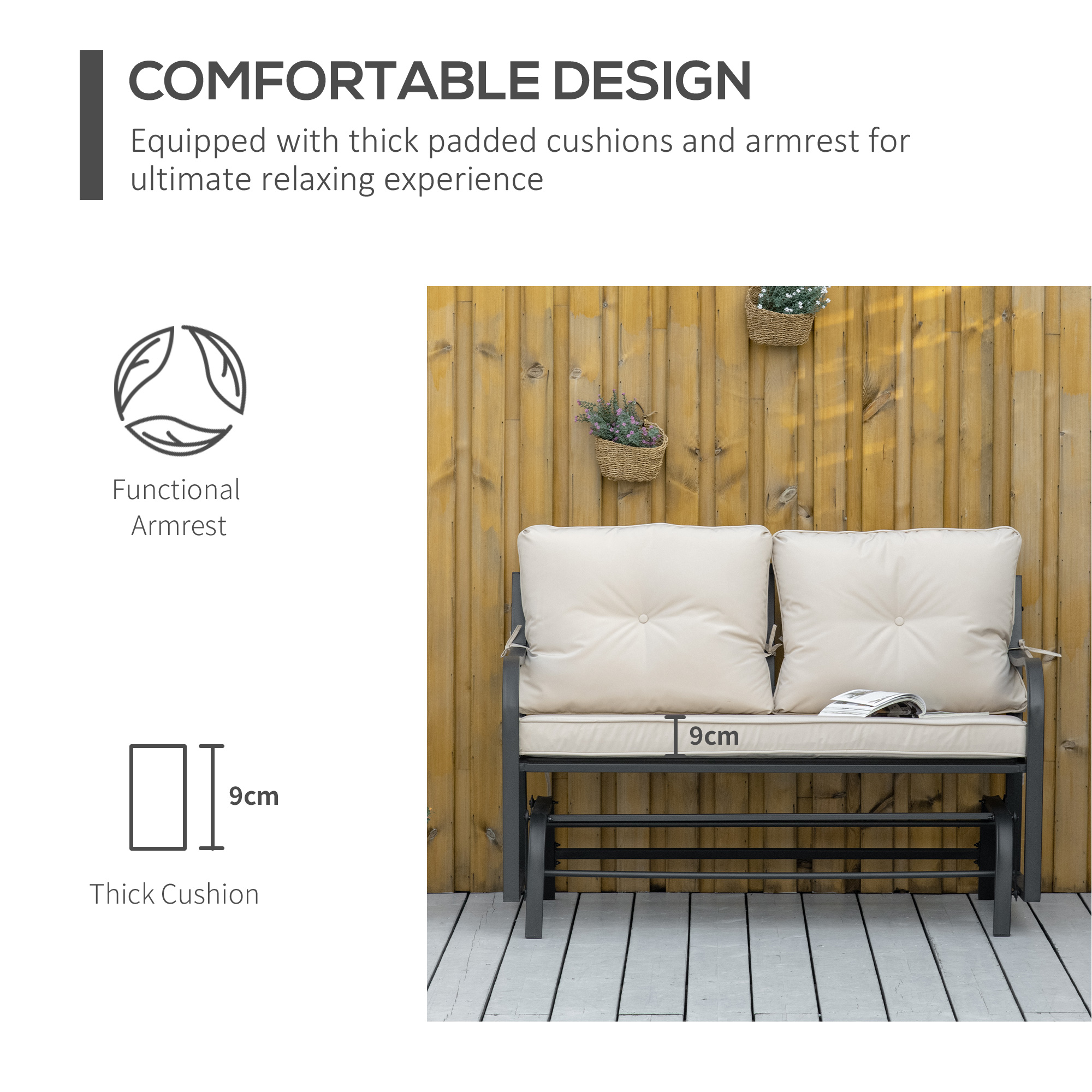 Outsunny 2-Person Outdoor Loveseat Glider Bench Rocking Chair for Patio, Garden, Yard, Porch with Armrest and Cushions, Khaki 7