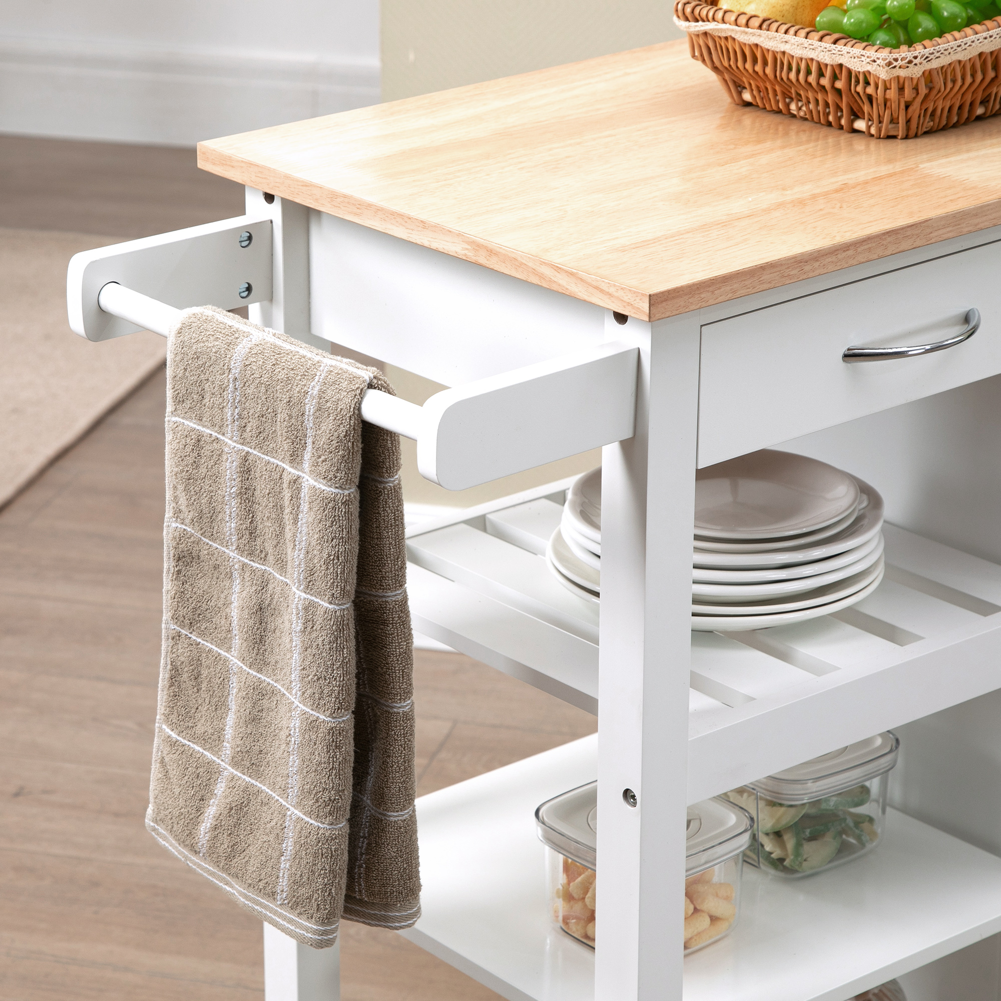 HOMCOM Kitchen Trolley, Kitchen Island on Wheels with Embossed Door Panel, Utility Kitchen Cart with 3 Storage Shelves, White 8