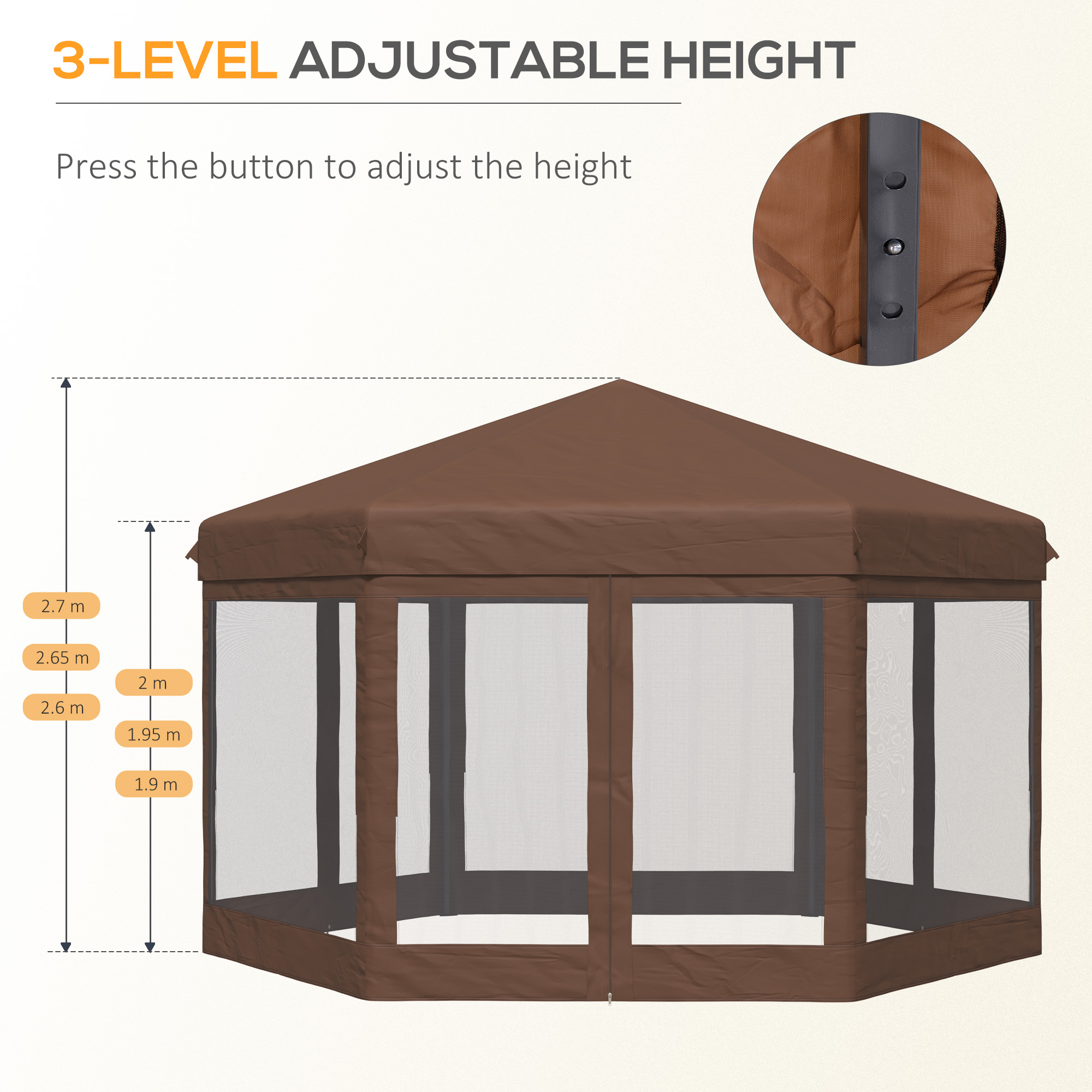 Outsunny 3.5m x 4m Hexagonal Pop Up Gazebo, Canopy Tent Sun Shelter for Patio Outdoor Party, Height Adjustable, with Mosquito Netting and Carry Bag Brown 4