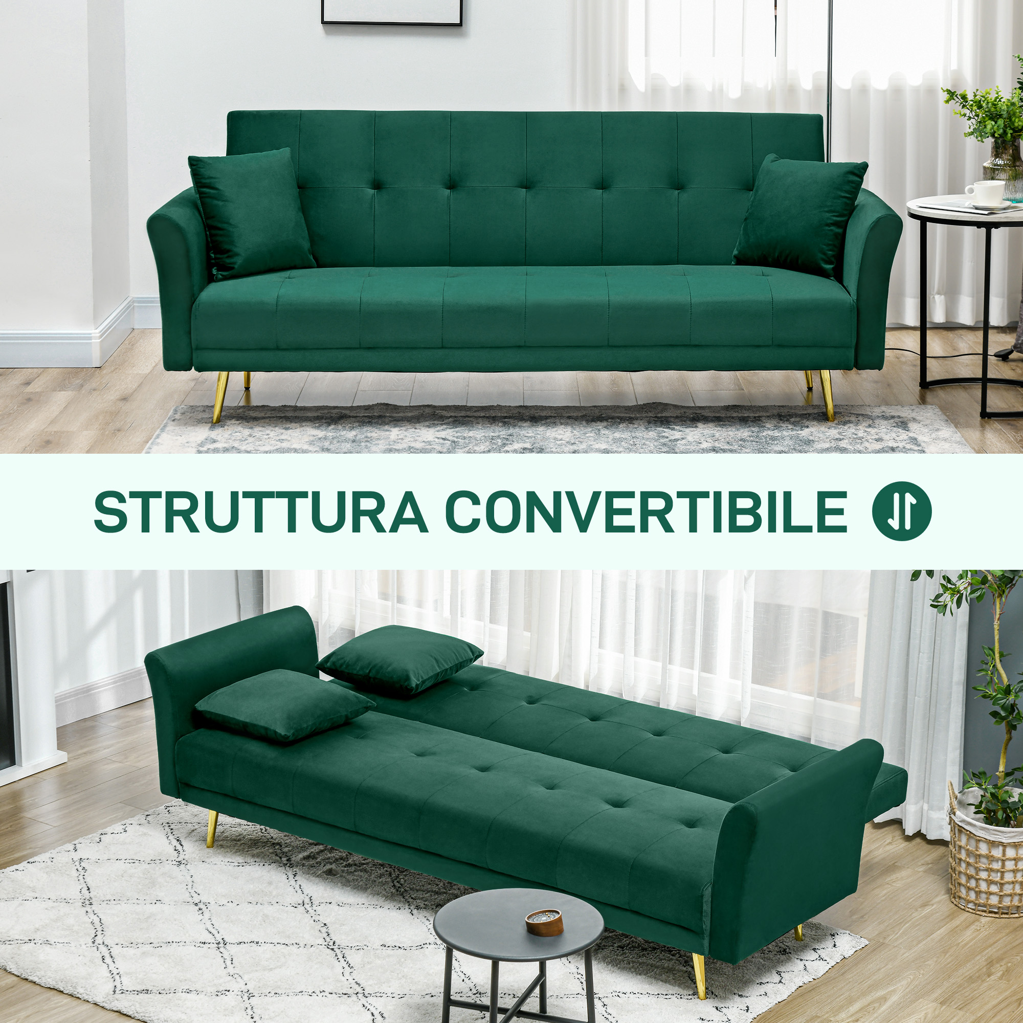 Clic Clac Divano Letto Posti Verde HOMCOM Divano Letto Con
