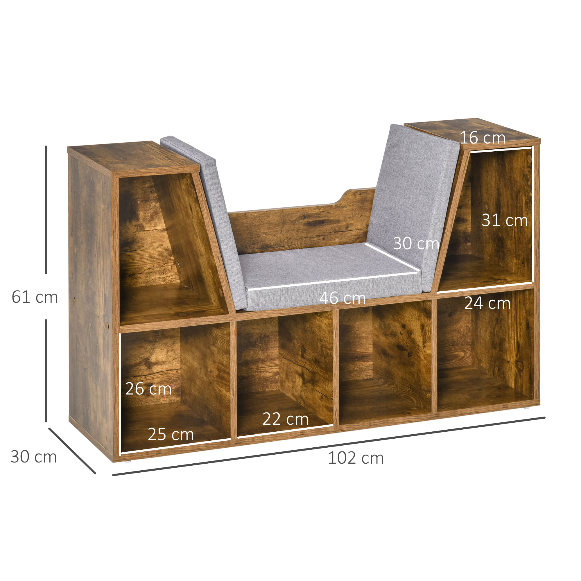 HOMCOM Bookcase Shelf Storage Seat with Cushion Sideboard Kids Children Reading Bedroom Living Room Organizer Rustic Brown AOSOM UK
