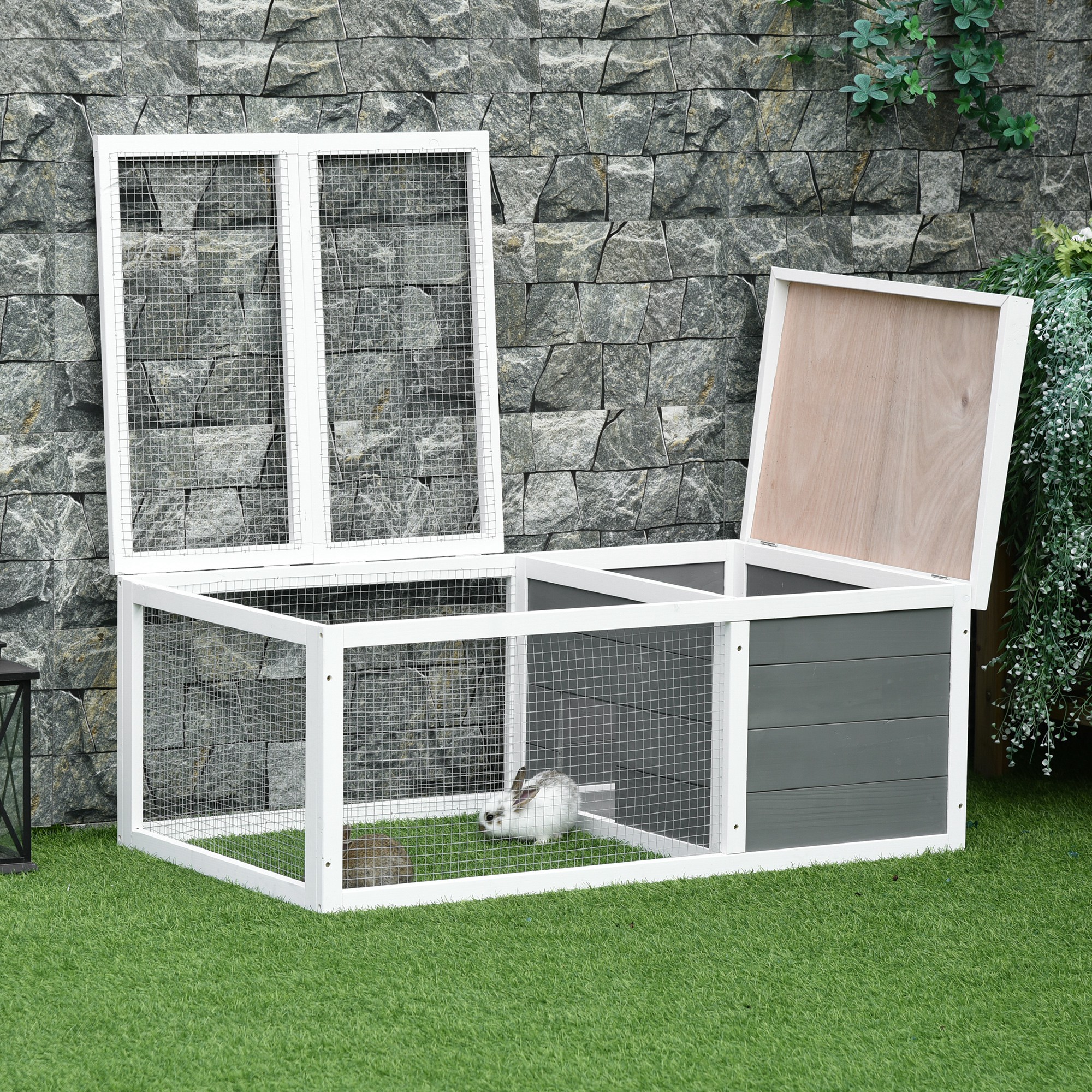 PawHut Rabbit Hutch Guinea Pig Hutch Wooden Small Animal Cage Rabbit Run Duck House with Openable Roof for Indoor Outdoor 115 x 66 x 47.5 cm 7