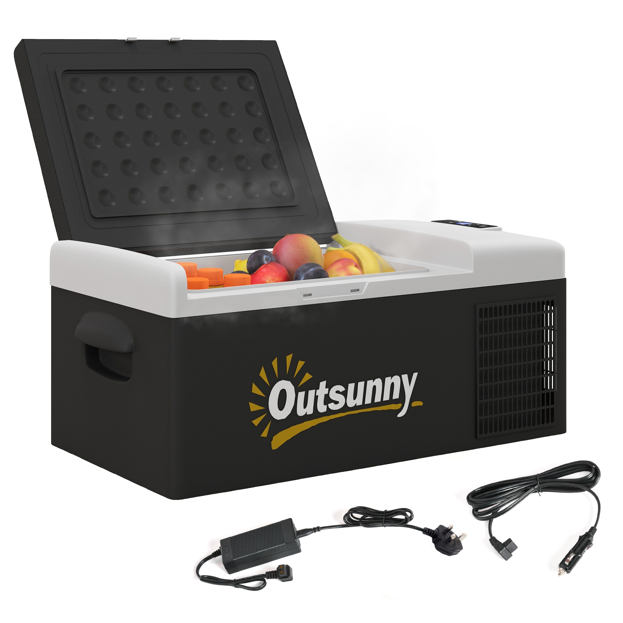 Outsunny 12V Car Refrigerator w/ LED Light & Foldable Handles, 25L Portable Compressor Cooler, Fridge Freezer with 12/24V DC and 110-240V AC for Campervan RV Boat Travel