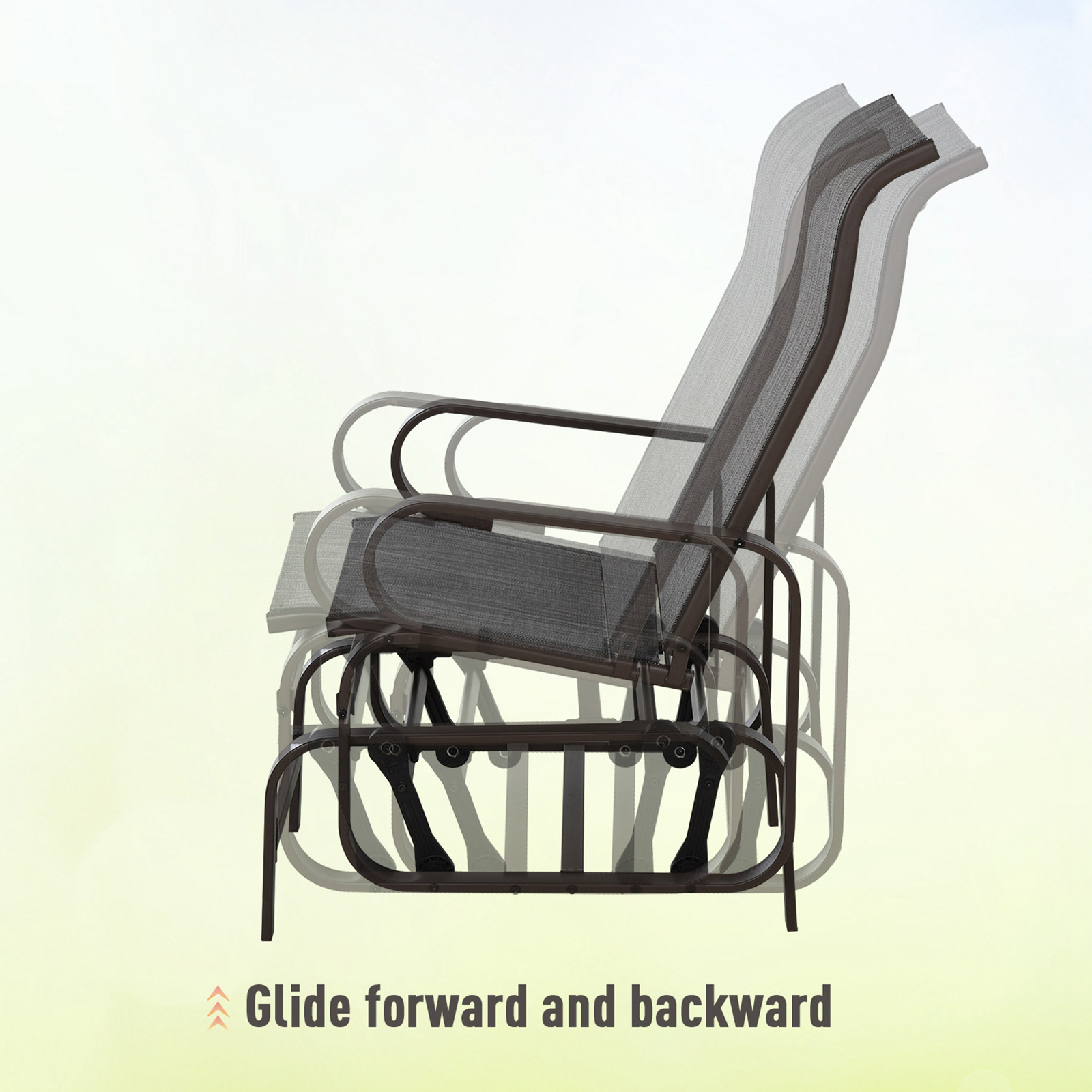 Outsunny 3 Pieces Garden Gliding Chair Set, Metal Frame 2 Single Armchair Swing Seater and 1 Glass Top Coffee Table w/ Breath Mesh Fabric Seat, Brown 6