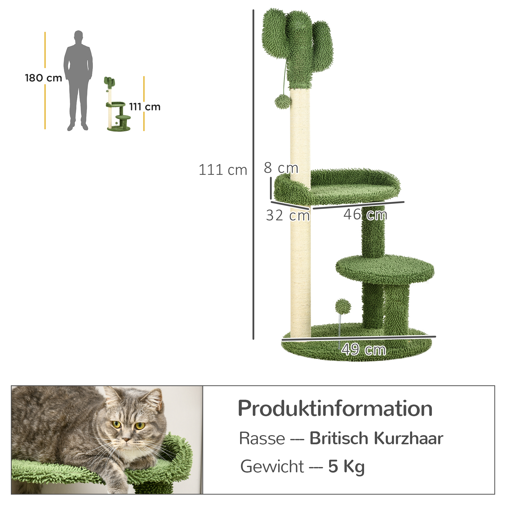 PawHut Kratzbaum im Kaktus-Design, 2 Plattformen, weicher Bezug, 2  Spielblle, fr Indoor, grn, 49 x 111cm | Aosom.de
