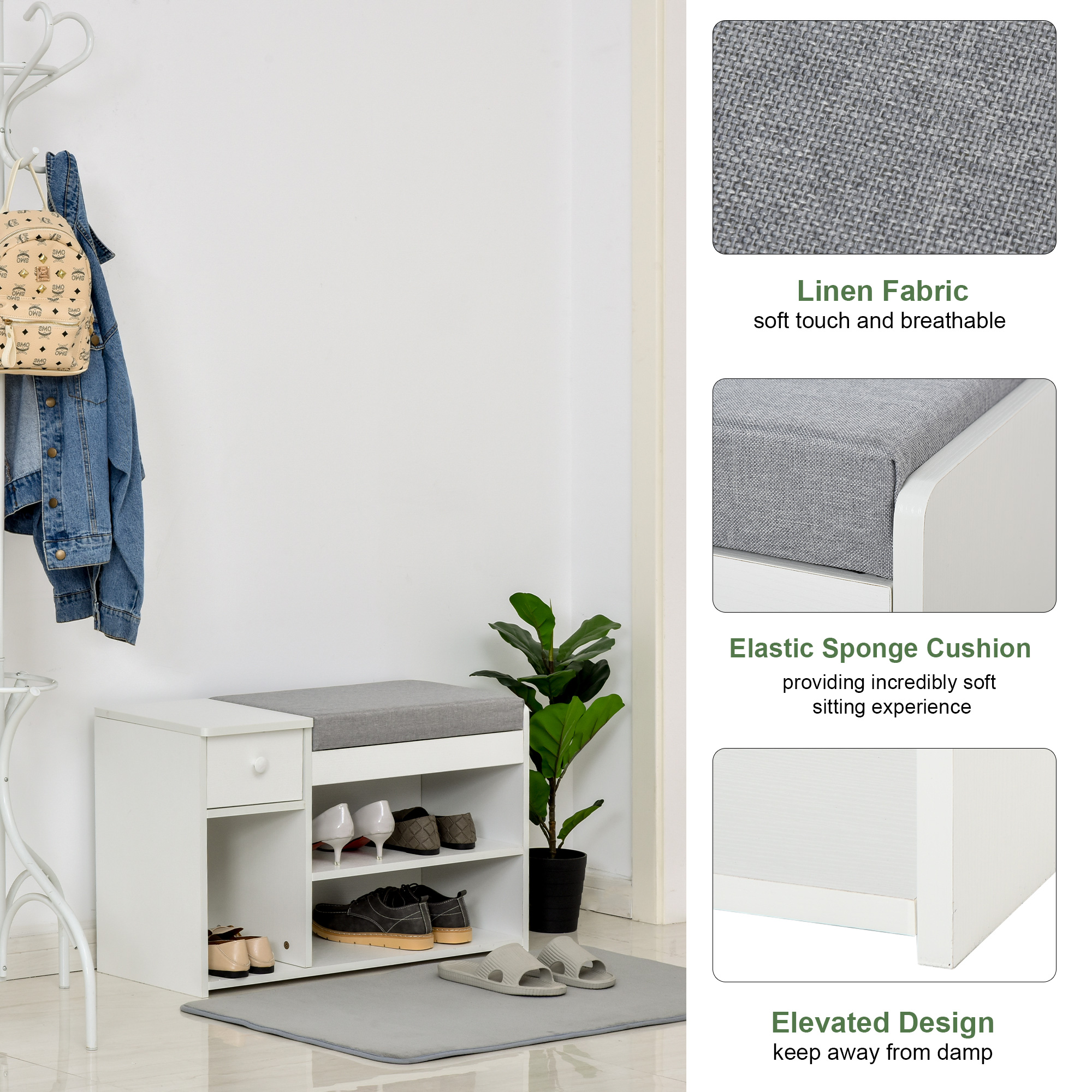 HOMCOM Multi-Storage Shoe Bench w/ Drawer 3 Compartments Cushioned Home Organisation Furniture Tidy Boots Hallway Entryway White 4