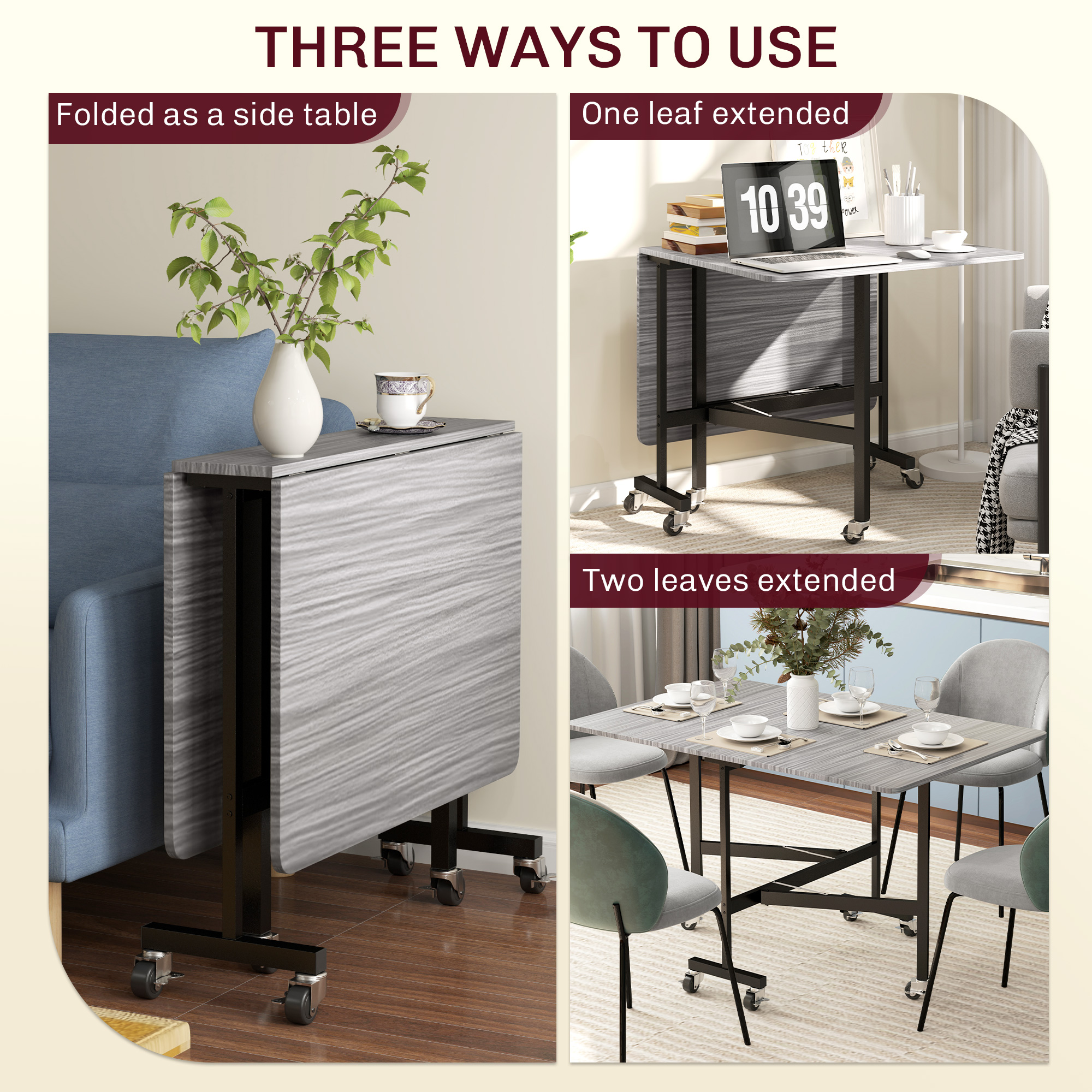HOMCOM Six-Seater Drop-Leaf Dining Table, with Wheels Grey Wood-Effect 4