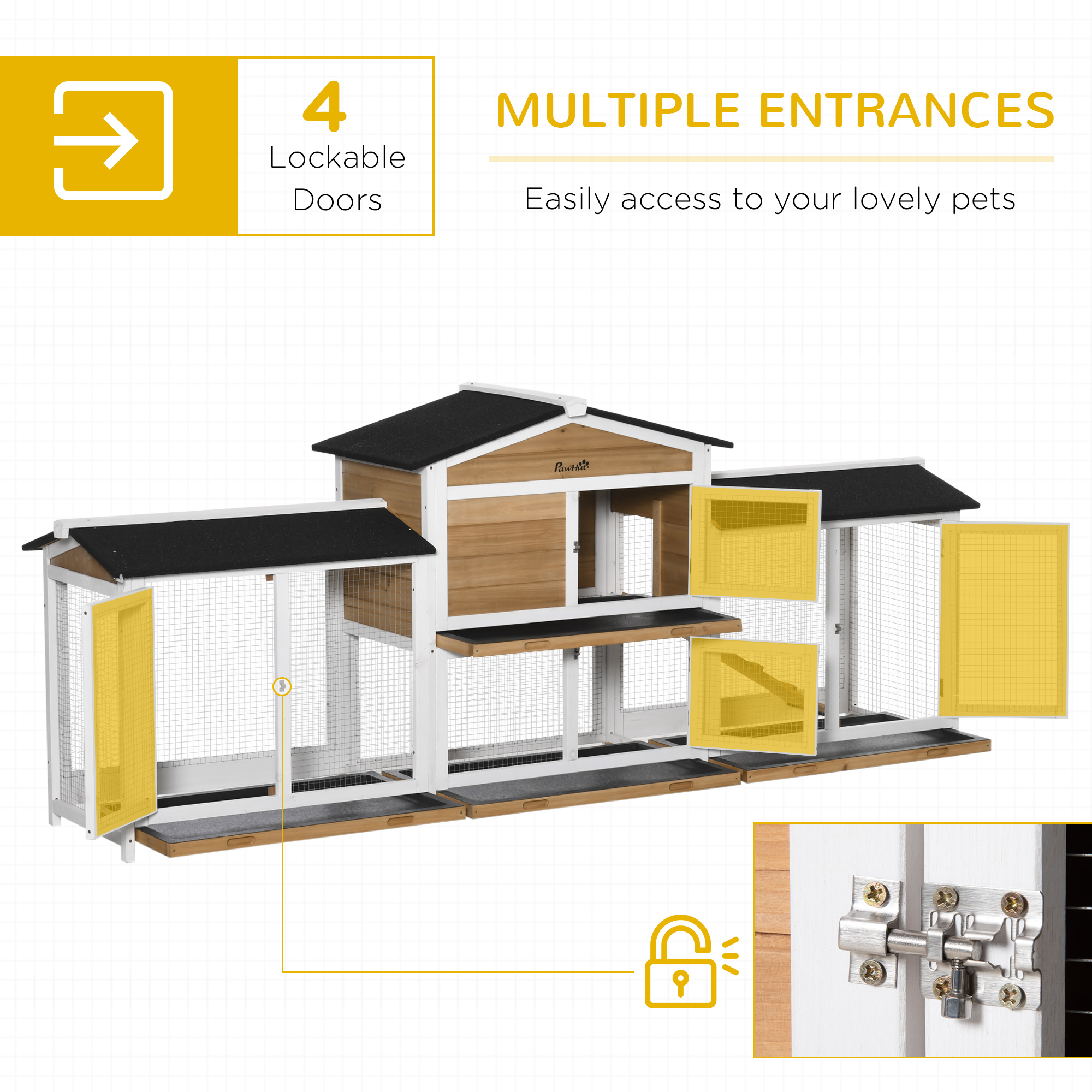 PawHut 2-Tier Large Rabbit Hutch Outdoor with Double Side Run Boxes, No-leak Plastic Tray, Ramp, 230 x 53 x 93.5cm, White 6
