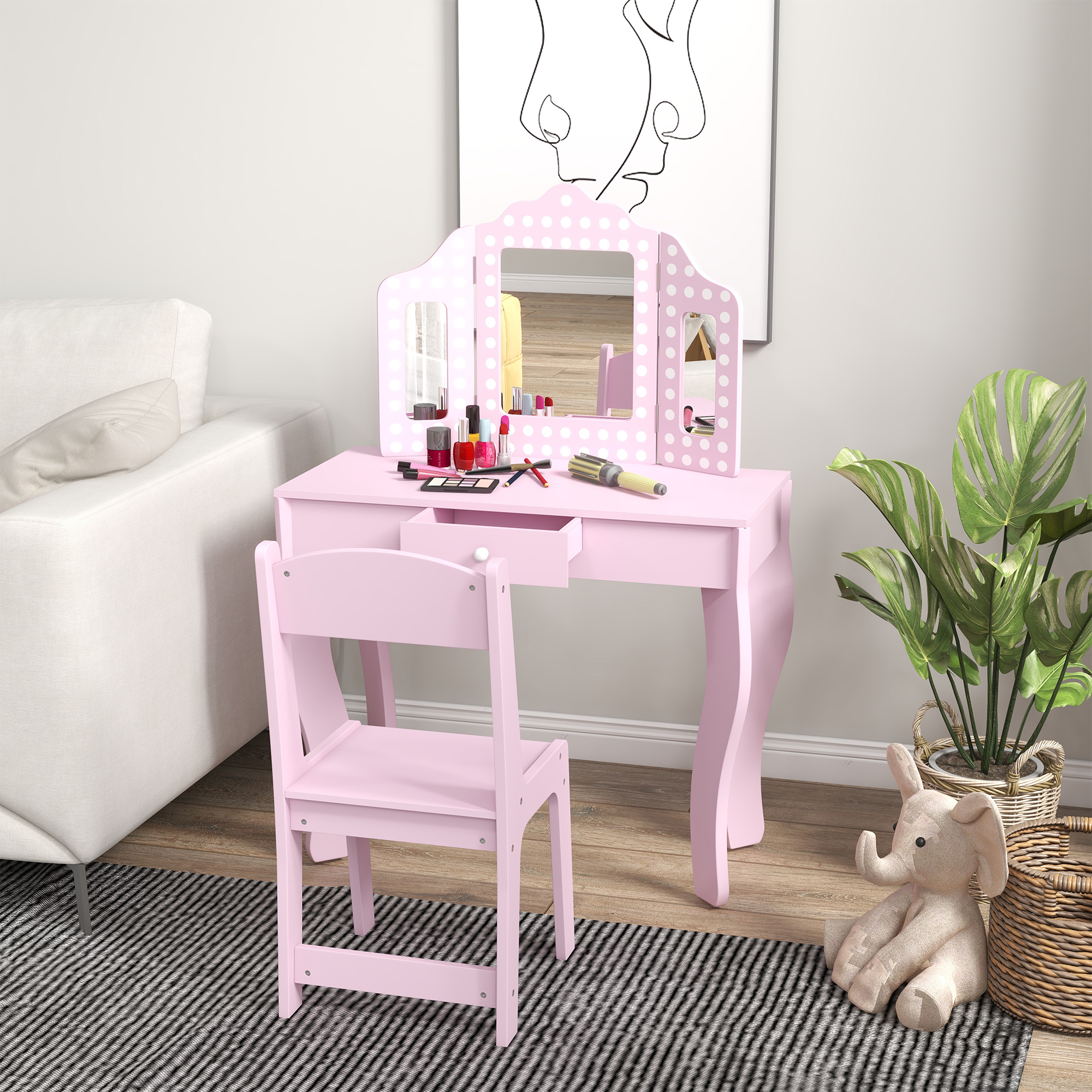 AIYAPLAY Kids Dressing Table Sets with Stool and Tri-Fold Mirror, Drawer for Playroom, Bedroom Pink 2