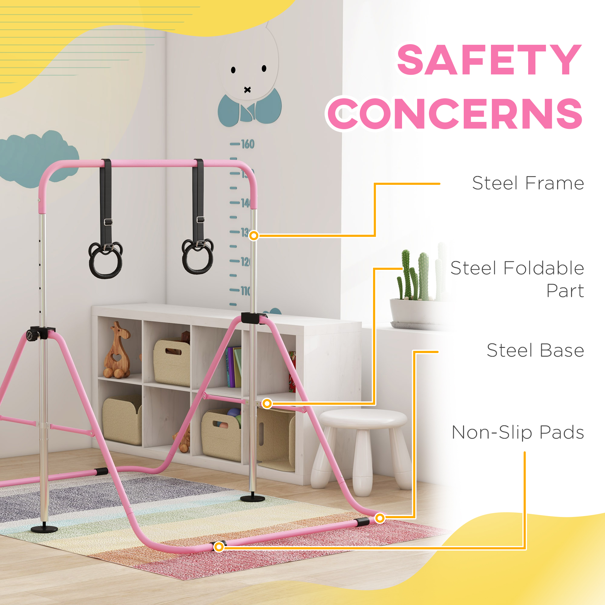 HOMCOM Adjustable Height, Foldable Kids Gymnastics Bar w/ Non-slip Rubber Floor Rings, for 3+ Years, Pink 5
