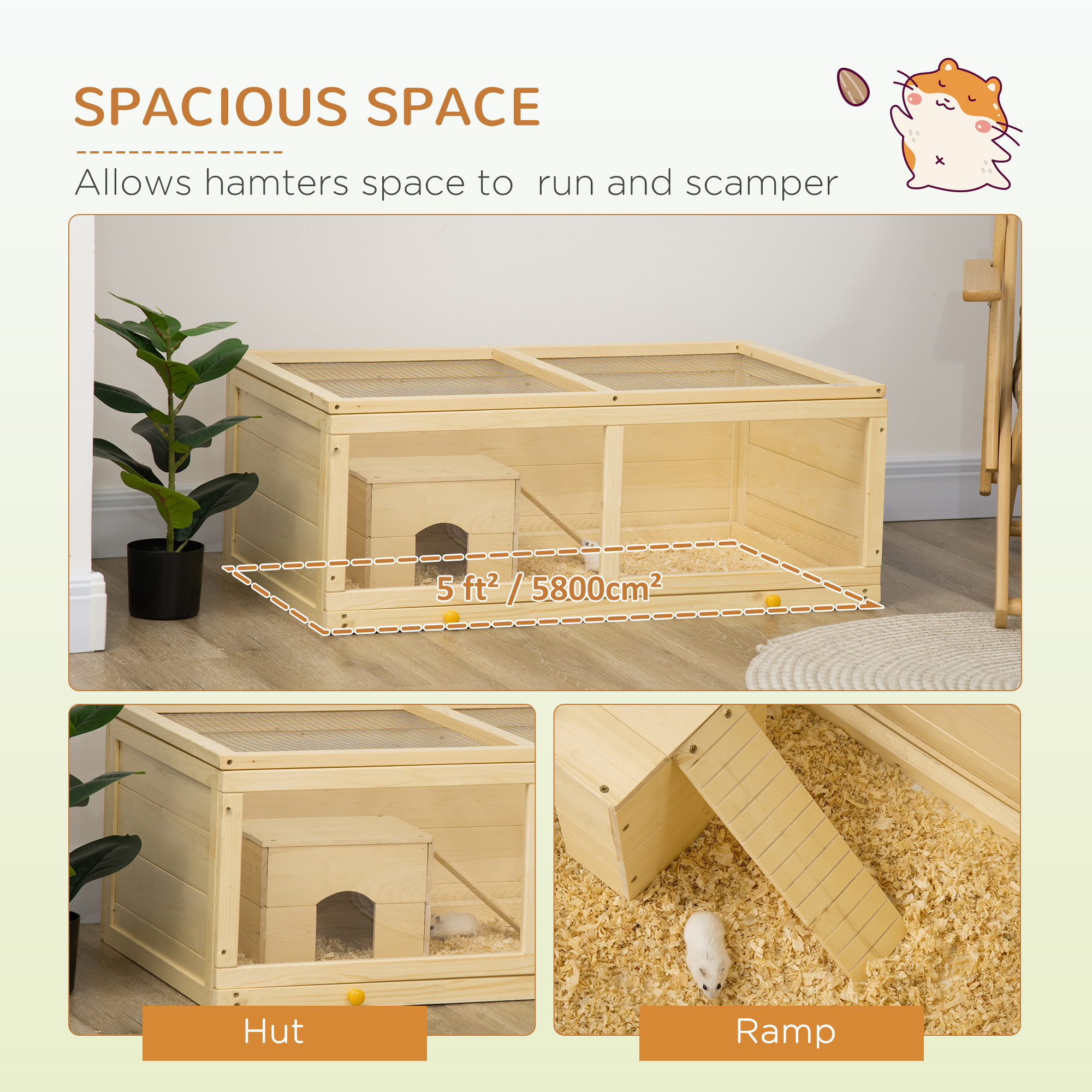 PawHut Wooden Hamster Cage with Sliding Tray, Openable Top, Hut for Syrian Hamster, Natural Wood Finish 8