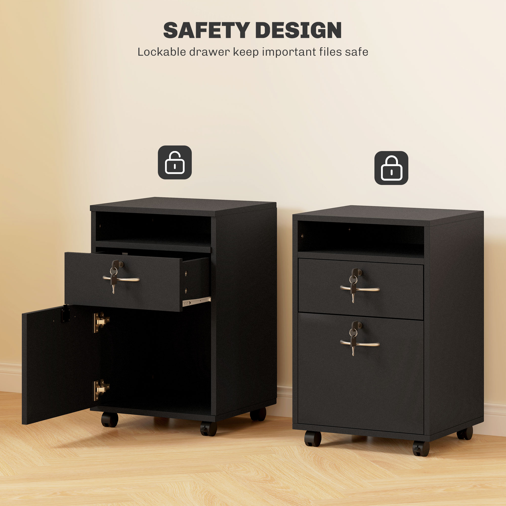 HOMCOM 60cm Filing Cabinet with Drawer, Open Shelf, Metal Handles and 4 Wheels, Office Home Organiser Mobile Printer with Two Locks, Black 7