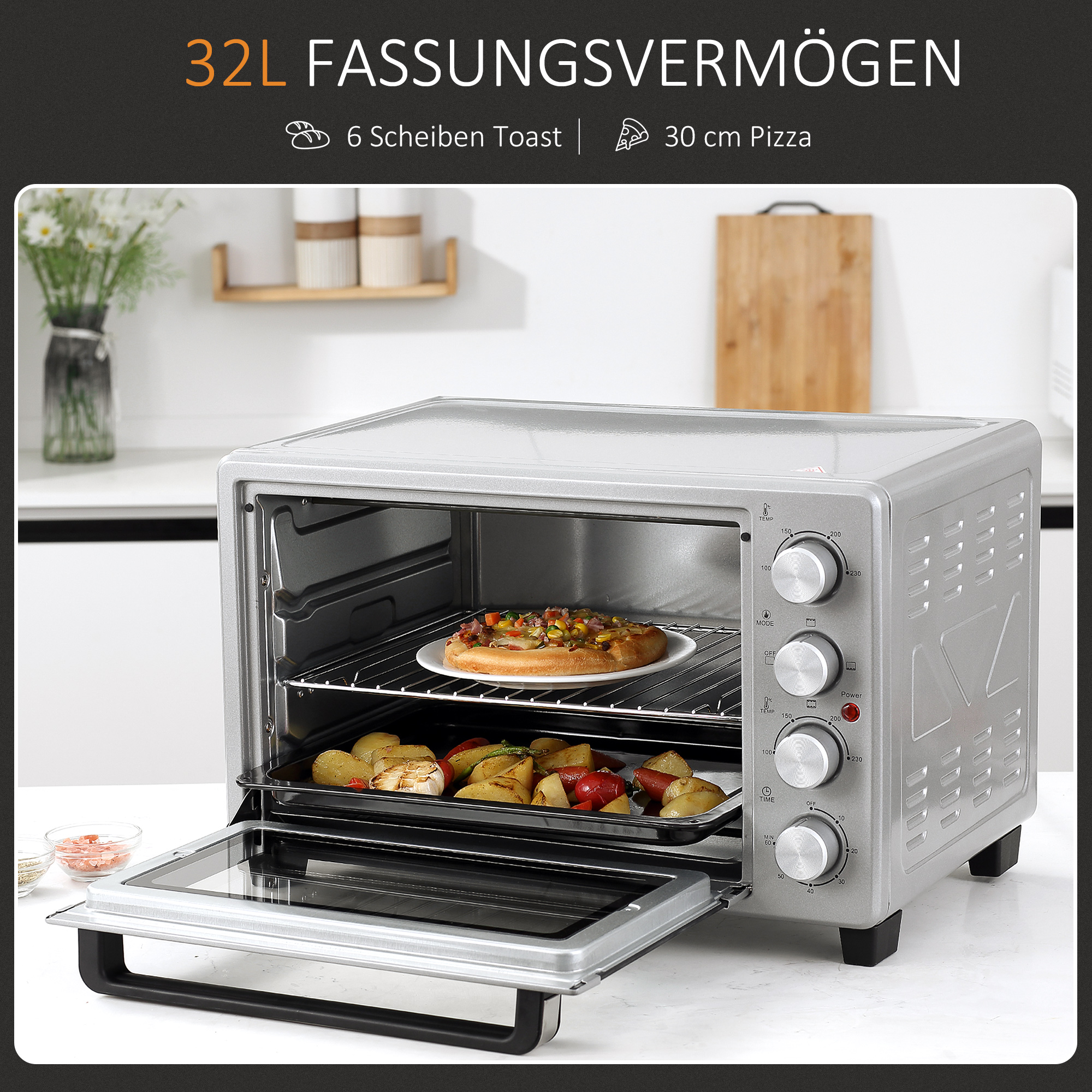 Miniahi 32L 100°C-230°C 1600W Miniahi küpsetusplaadi, purukandiku, grillresti ja 3 küpsetusrežiimiga Pizzaahi taimeriga Küpsetusplaadi käepide Roostevaba teras Hõbedane