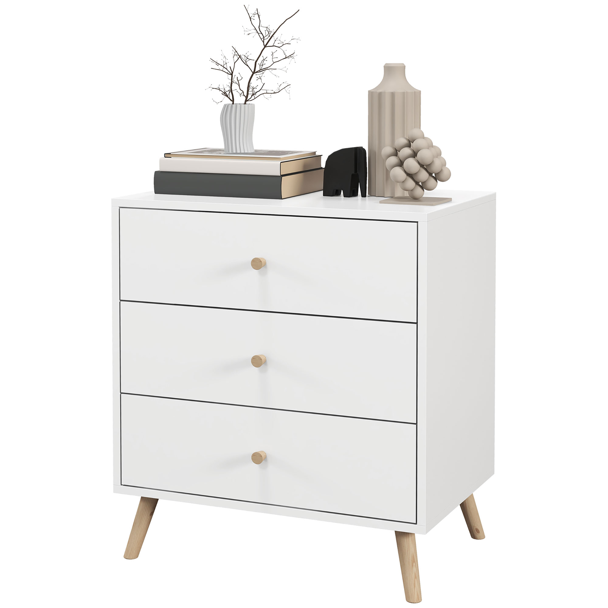 Outsunny Commode 3 Tiroirs Style Scandinave MDF Blanc Poignées et Pieds Pin Massif Aosom France