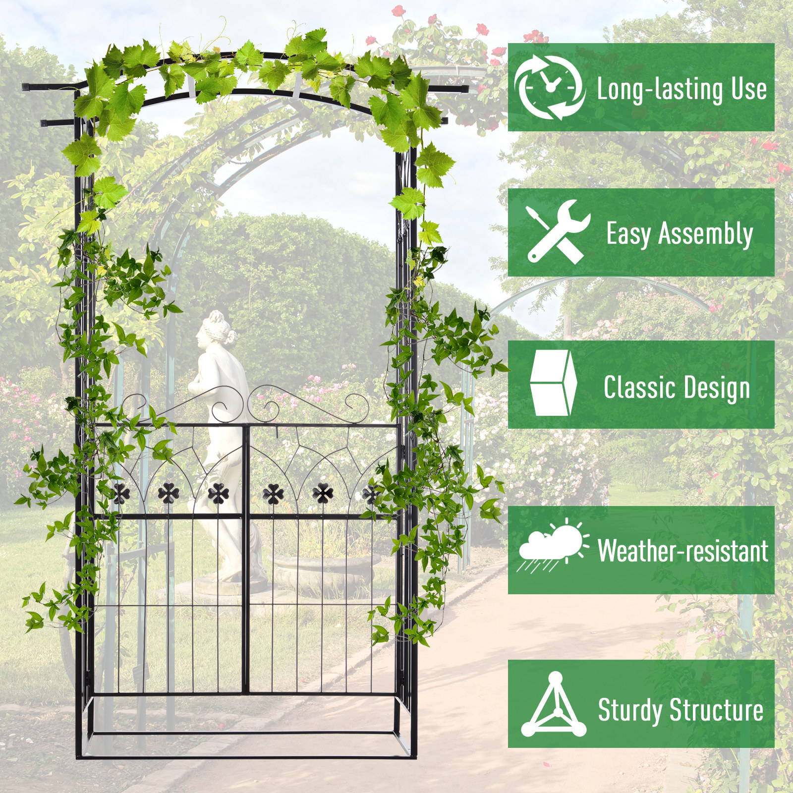 Outsunny Garden Outdoor Entrance Arch with Door Outdoor Patio Decoration for Rose Trellis Arbour Climbing Plant 131L x 49W x 200Hcm 5