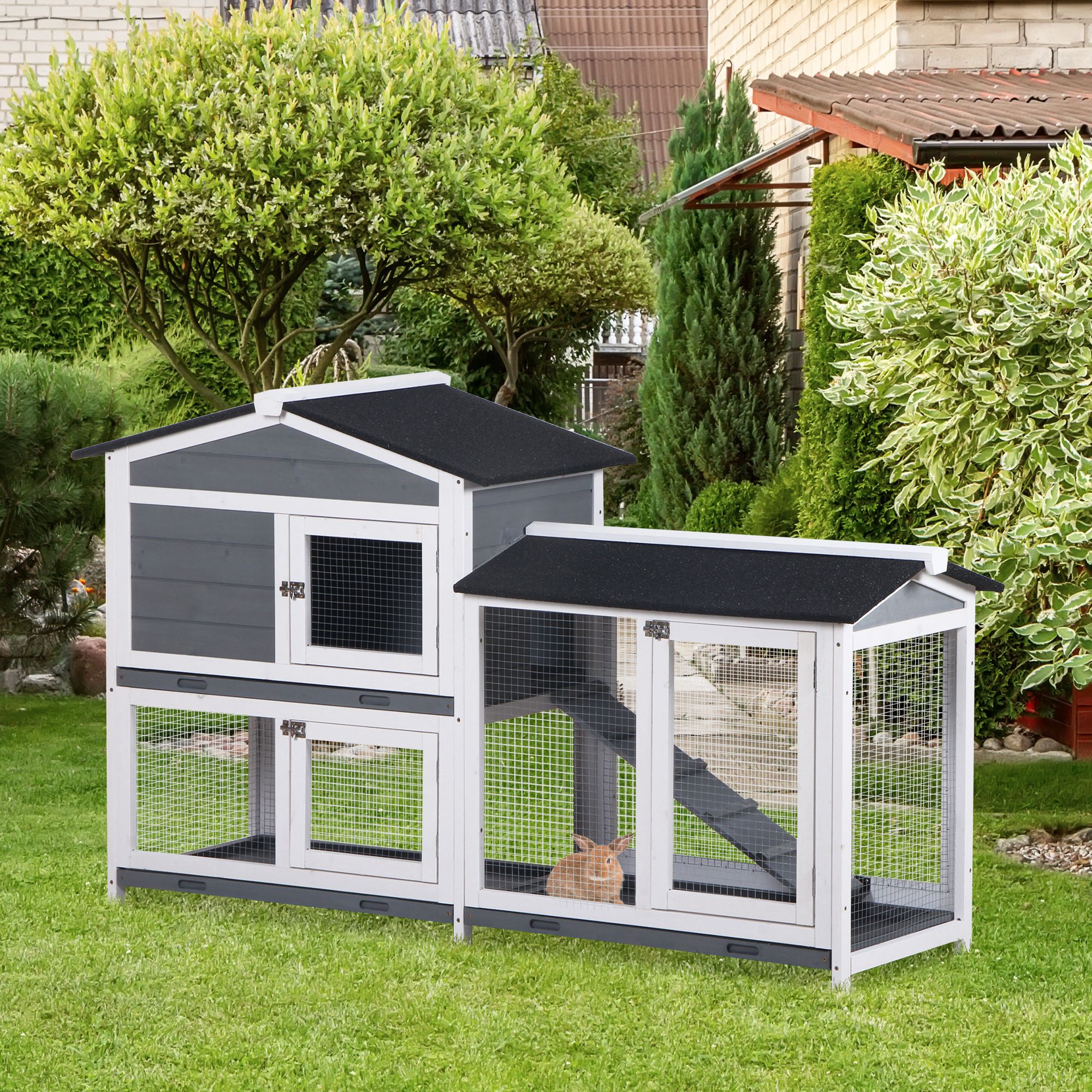 PawHut Wooden 2-Tier Rabbit Hutch w/ Tray Ramp Grey 2