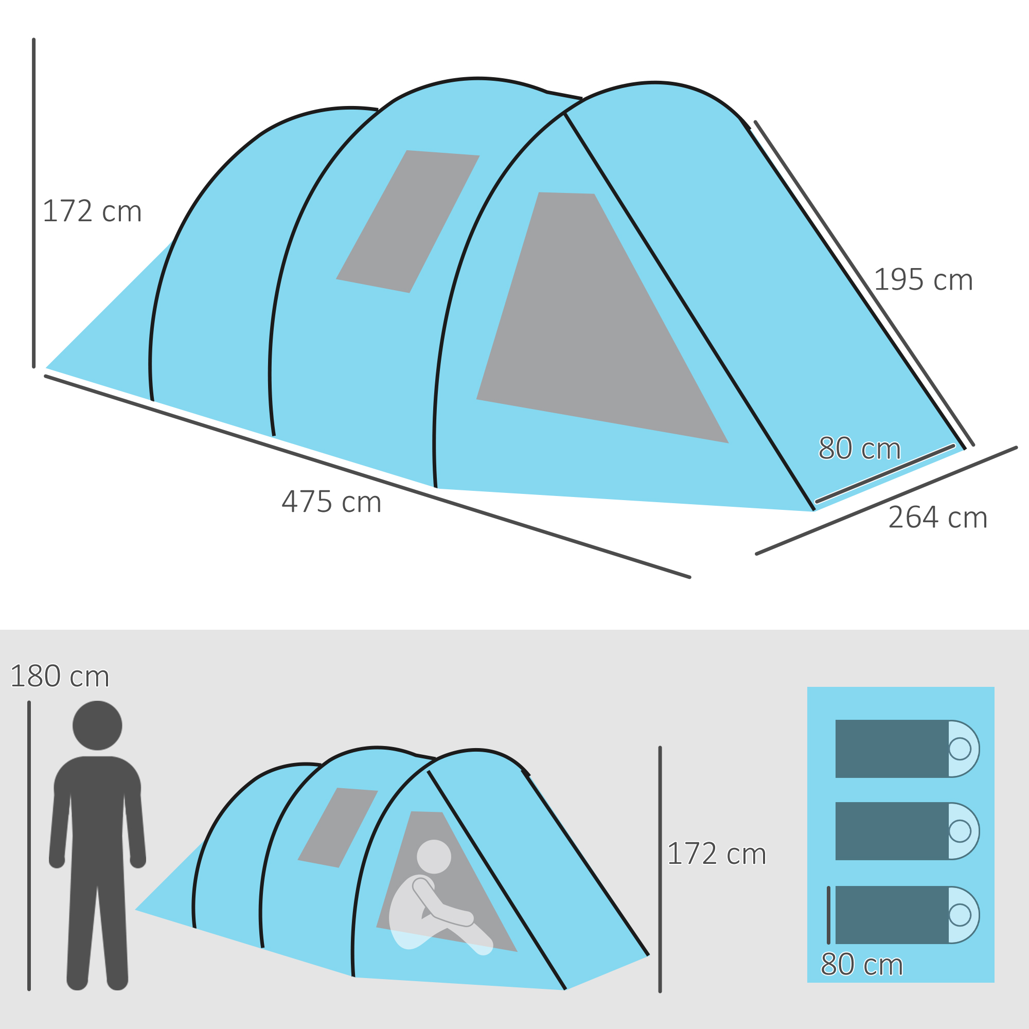 Outsunny 3-4 Man Tunnel Tent, Two Room Camping Tent with Windows, Portable Carry Bag, for Fishing, Hiking, Sports, Festival Blue 3