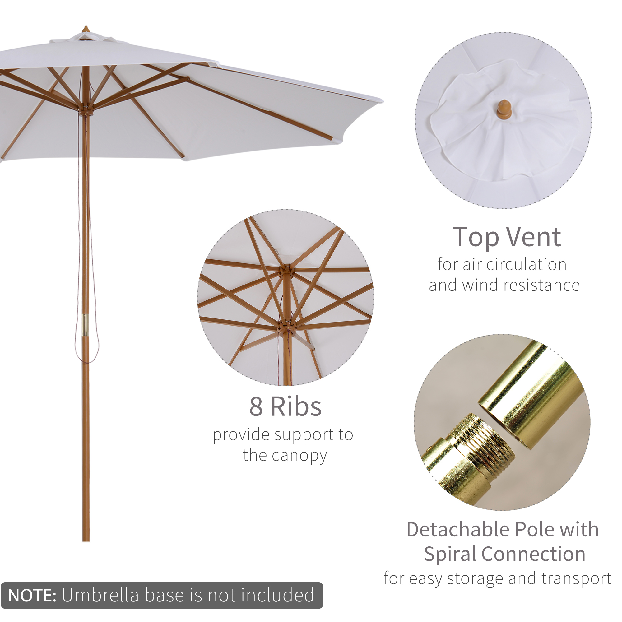 Outsunny 3(m) Garden Parasol, Pulley Operated Patio Umbrella, Wooden Table Market Umbrella with Rope Pulley Mechanism and 8 Ribs, Cream White 4