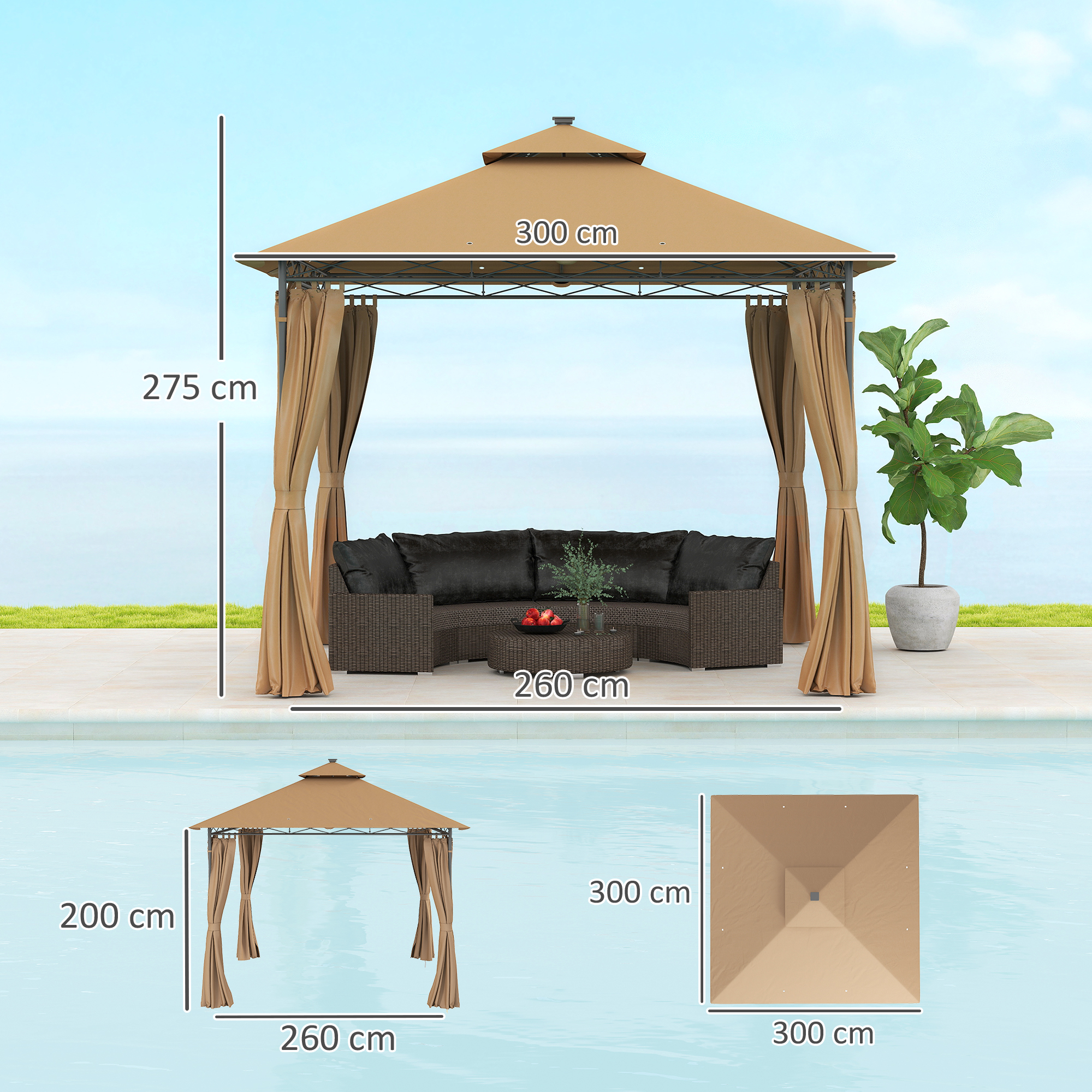 Outsunny 3 x 3 m Solar LED Metal Gazebo Brown 3