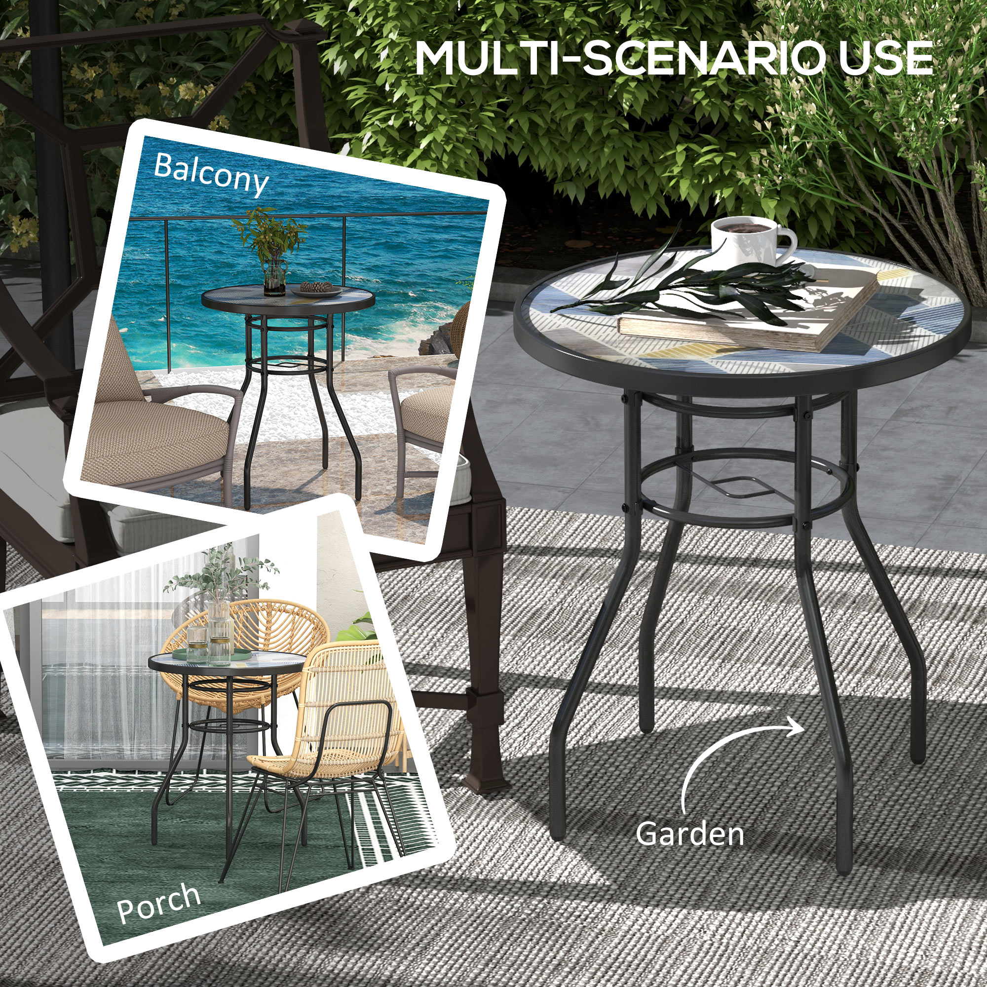 Outsunny Φ60 Garden Table, with Glass Printed Tabletop Multicolour 6