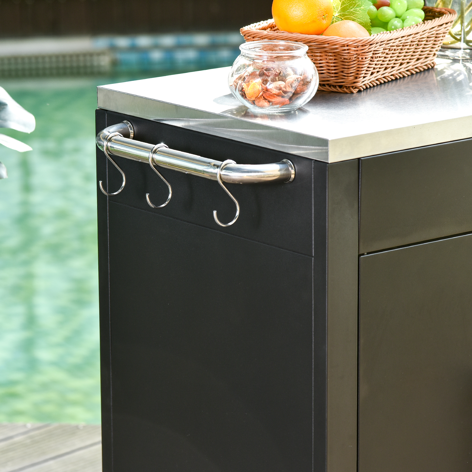 Köögikäru ratastega, serveerimiskäru, rullkäru kapiga, konksude ja roostevabast terasest käepidemetega, Kitchen Aid, roostevabast terasest BBQ-grilllaud, köögikäru, 86 x 50 x 86,5 cm, must